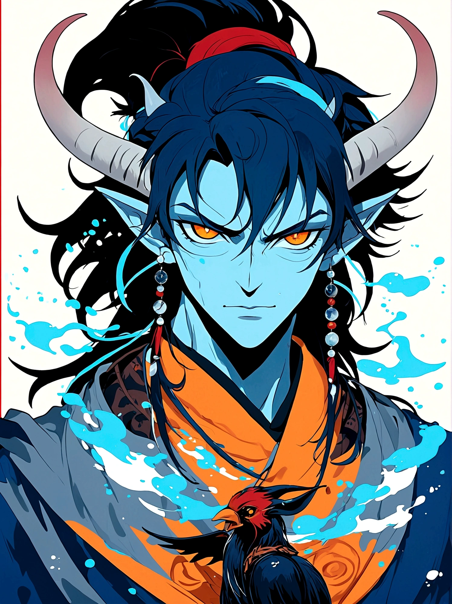 Blue Elf Boy,Orange eyes,High Ponytail,With horns