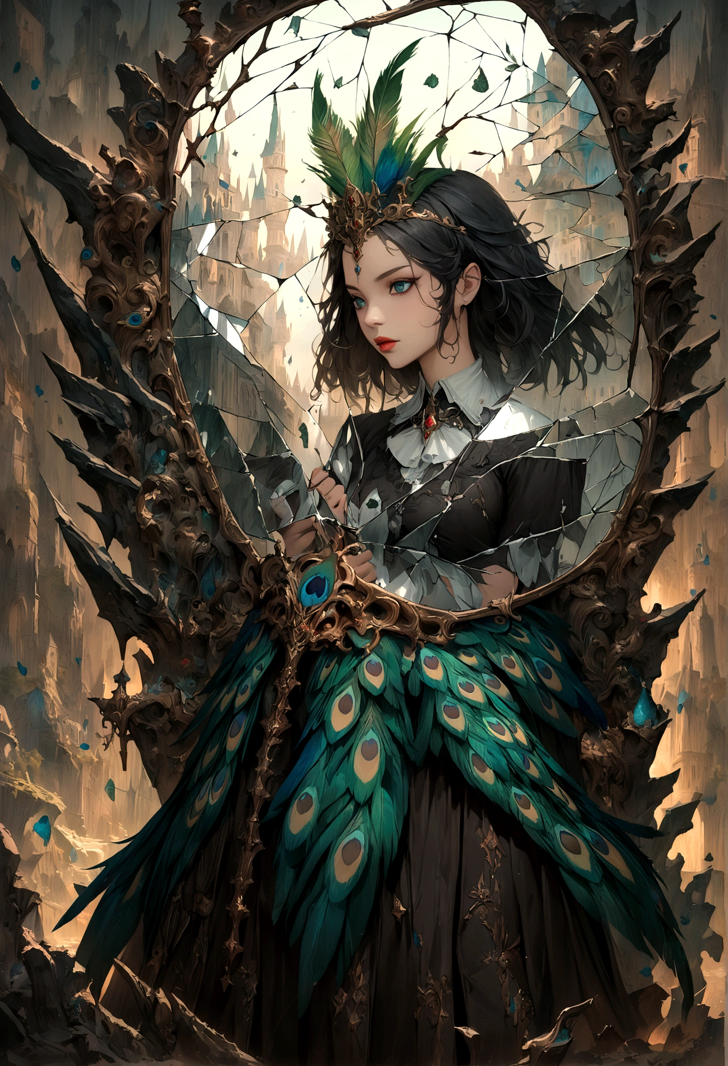 wonderland，Witch with mysterious powers，((beautiful))，Black hair，Dark Castle，Peacock feather，((Broken mirror，Fragments))，magic, Fantastic, Fantasy art concept, Intricate details, best quality, masterpiece, Extremely sharp, Surrealism