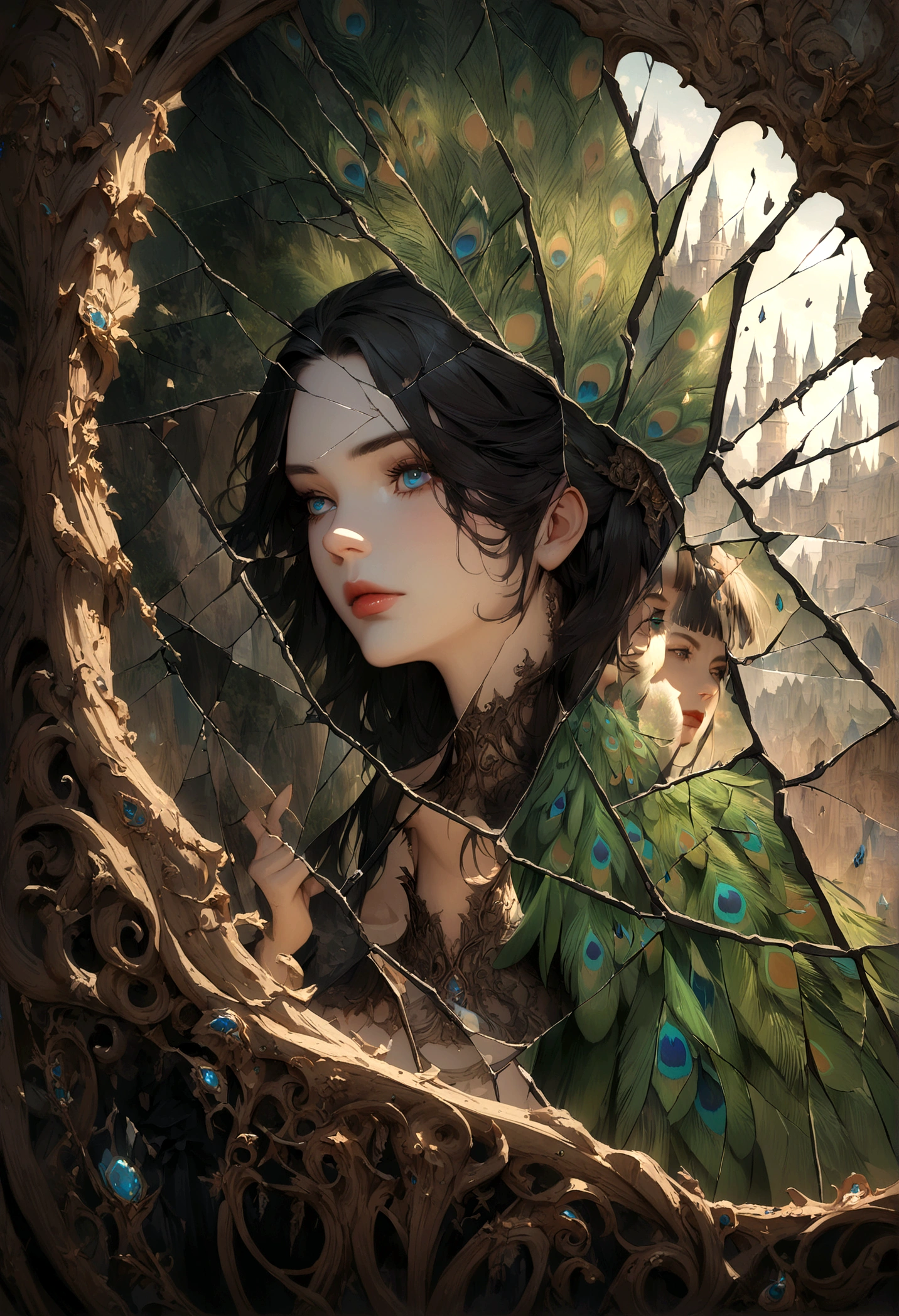 wonderland,Witch with mysterious powers,((beautiful)),Black hair,Dark Castle,Peacock feather,((Broken mirror,Fragments)),magic, Fantastic, Fantasy art concept, Intricate details, best quality, masterpiece, Extremely sharp, Surrealism