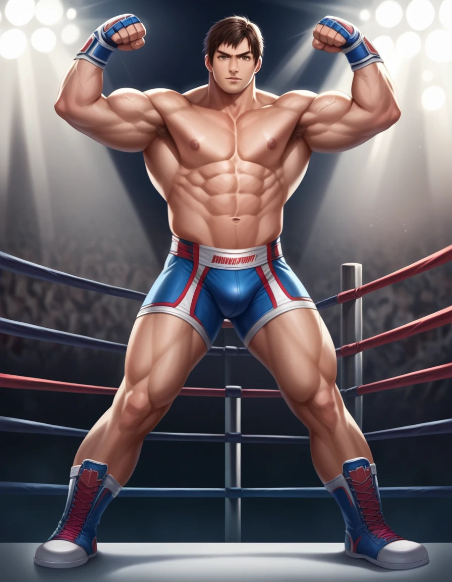 Solo, male, male focus, King_Tekken8, King from Tekken, Muscular male, Wrestling outfit, realistic skin, nipples, veins, handsome, detailed, detailed muscles, detailed eyes, detailed body, full body, masterpiece, cinematic, photorealistic, realistic, beautiful, ultra-realistic, 8k, lighting, dramatic lighting, centered, standing, flexing, pose, ((Wrestling Ring)),