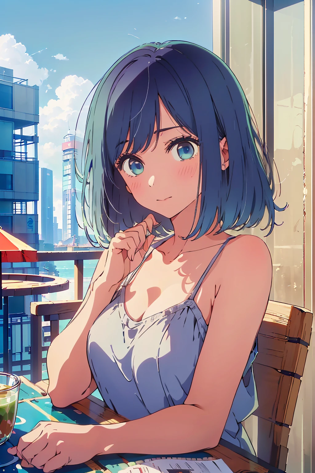 (Highest quality:1.4、masterpiece:1.4、Super detailed:1.4、Ultra-high resolution:1.4、8K:1.4)、F cup bust、Big Breasts、Slim body、((((1 person、Surprised expression、sit、Chair、In the background are the urban buildings of Tokyo、looking at the camera、Outdoor café terrace、coastal、juice、Shooting up close、table、Very cute face))))、(Pose with hands tucked behind ears:1.4、Cheek resting on hand:1.4)、((nude、very beautiful areola、camisole、Seamless outerwear))、Very blue sky、A completely cloudless sky、Big eyes