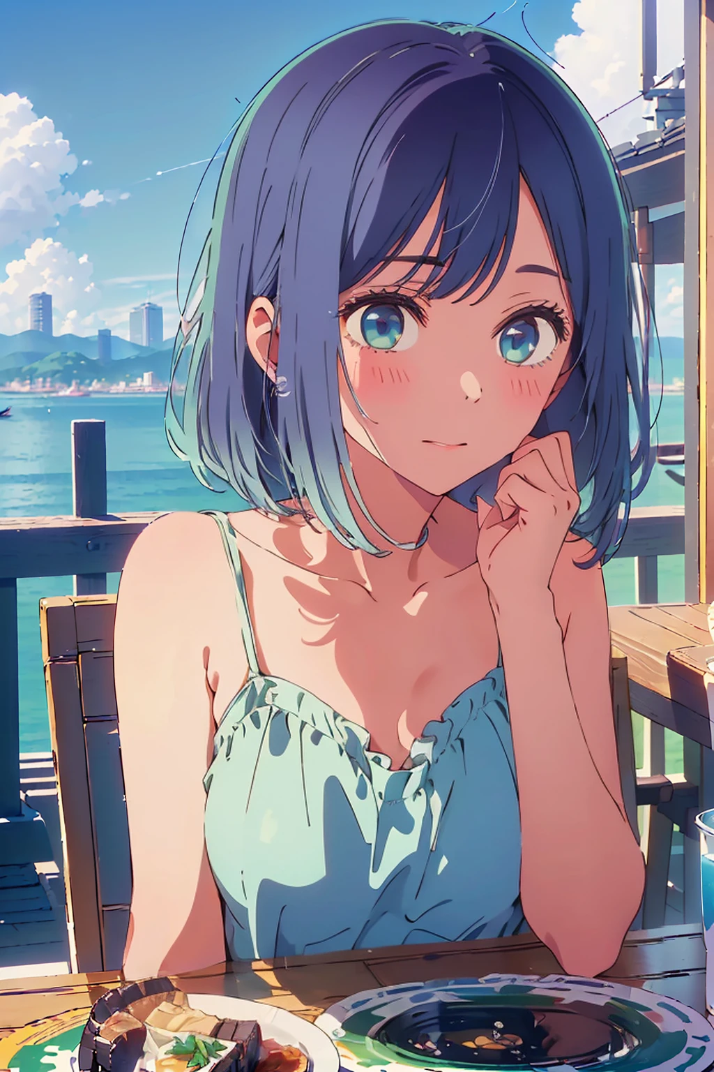 (Highest quality:1.4、masterpiece:1.4、Super detailed:1.4、Ultra-high resolution:1.4、8K:1.4)、F cup bust、Big Breasts、Slim body、((((1 person、Surprised expression、sit、Chair、In the background are the urban buildings of Tokyo、looking at the camera、Outdoor café terrace、coastal、juice、Shooting up close、table、Very cute face))))、(Pose with hands tucked behind ears:1.4、Cheek resting on hand:1.4)、((nude、very beautiful areola、camisole、Seamless outerwear))、Very blue sky、A completely cloudless sky、Big eyes