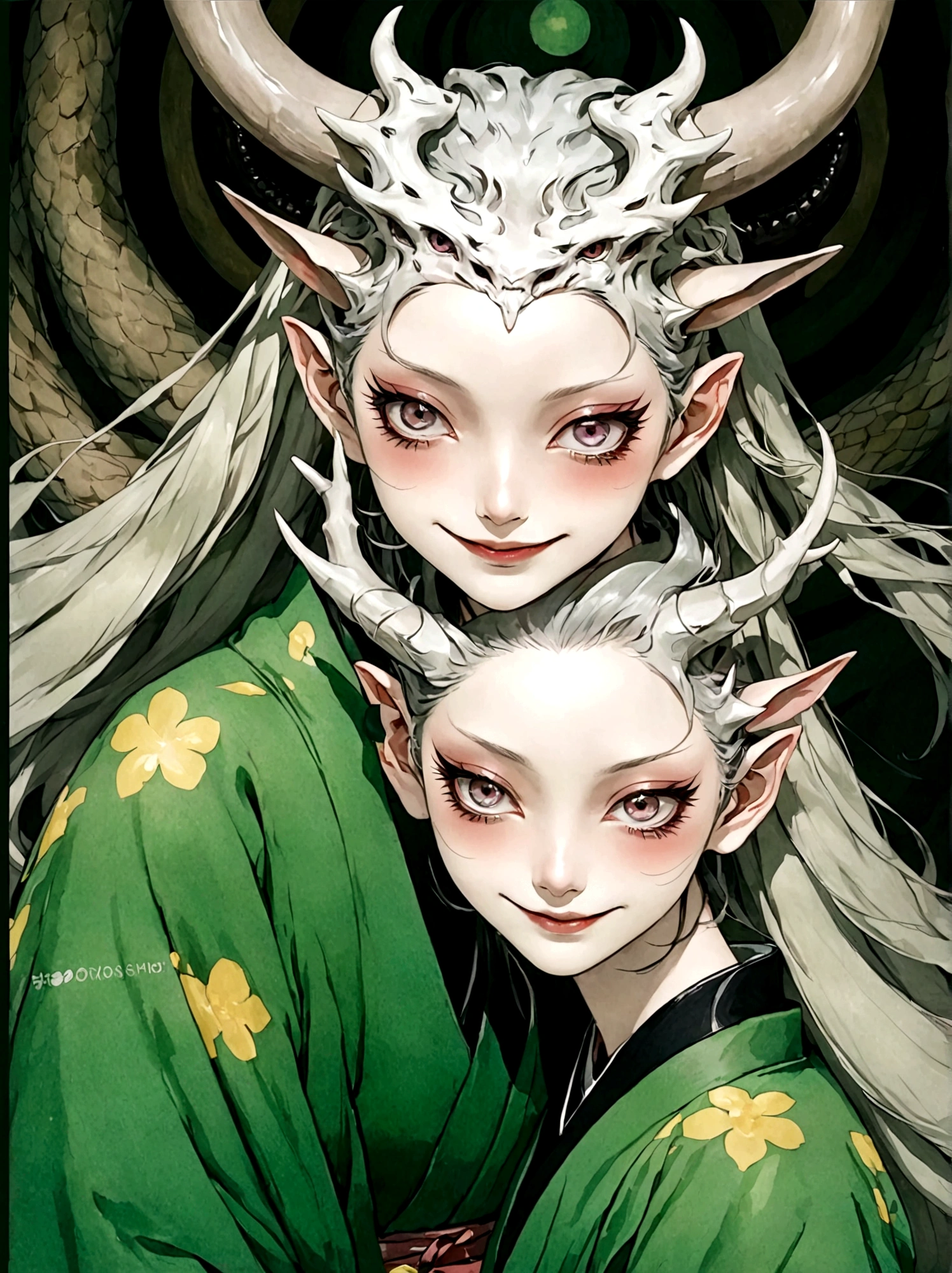 2 Girls，Green kimono，Horns on the head，Japan fear