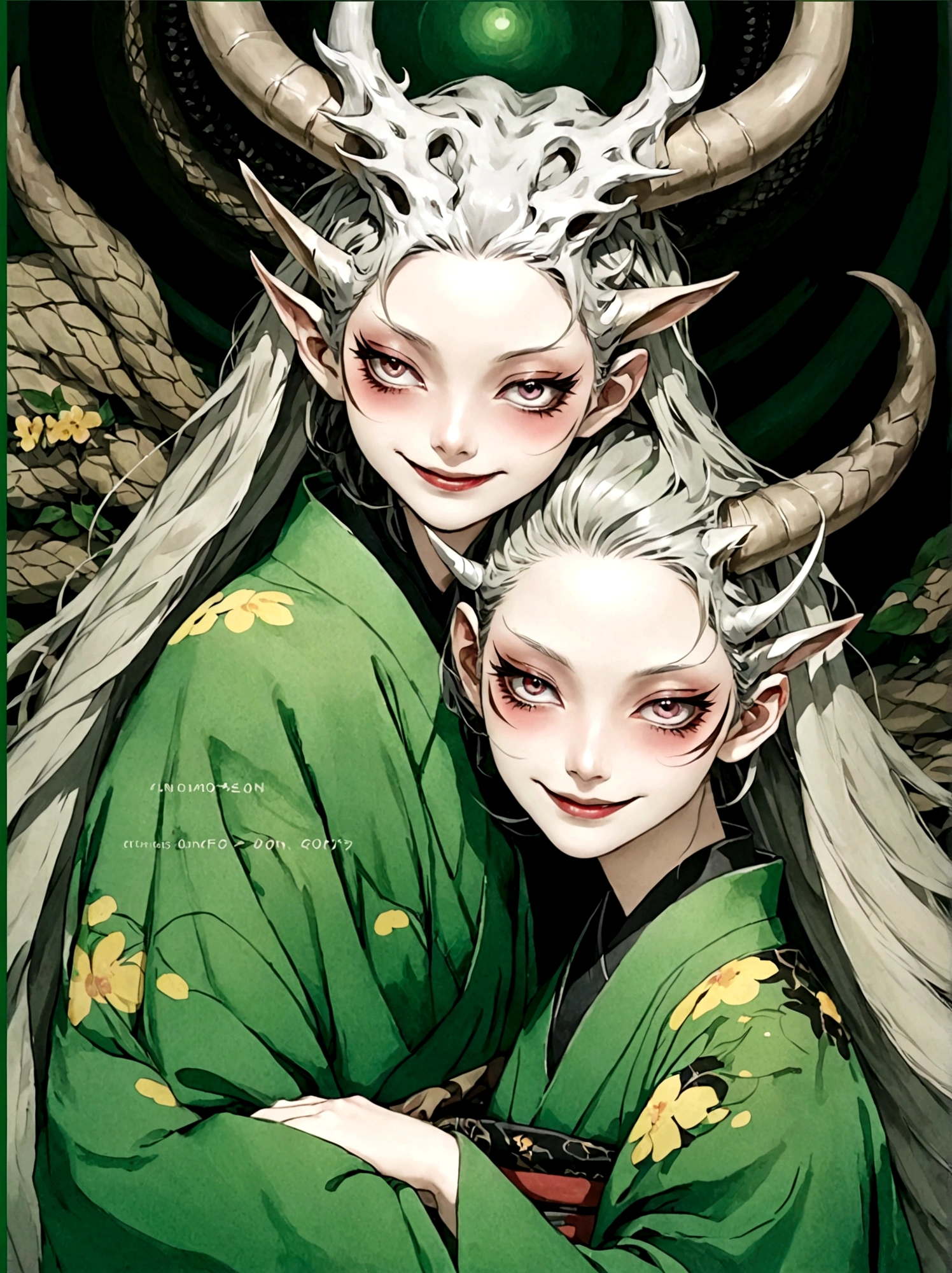 2 Girls，Green kimono，Horns on the head，Japan fear