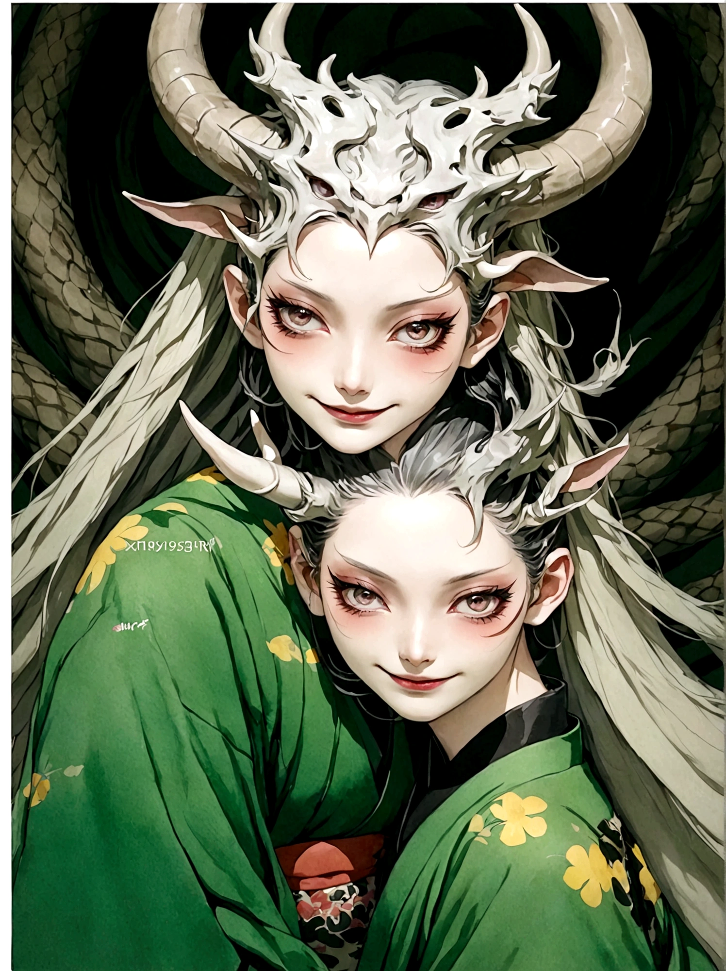 2 Girls，Green kimono，Horns on the head，Japan fear