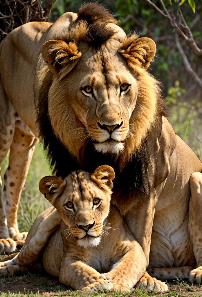 Lion hugs lioness, 2 cubs nearby sunset in the jungle