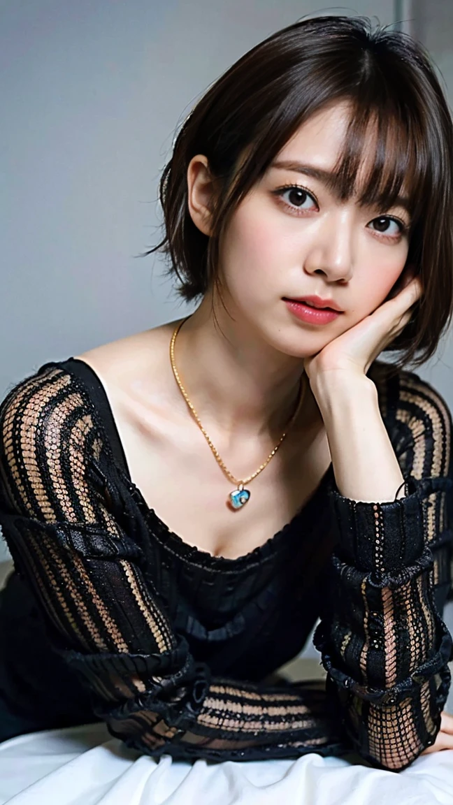(masterpiece:1.3), (8K, Photorealistic, Raw photo, Best image quality: 1.4), Japanese schoolgirl、(Random Hairstyles:1.2)、Cleavage:1.2、Super detailed face、Attention to detail、double eyelid、Put your chest together、Sharp focus:1.2、Beautiful woman:1.4、Light brown hair、Highest quality、masterpiece、Ultra-high resolution、(Photorealistic:1.4)、Highly detailed and professionally lit smile、Loose, lightweight knitwear、Shoulder out、thin、Serious expression、Short-haired、Deadly position