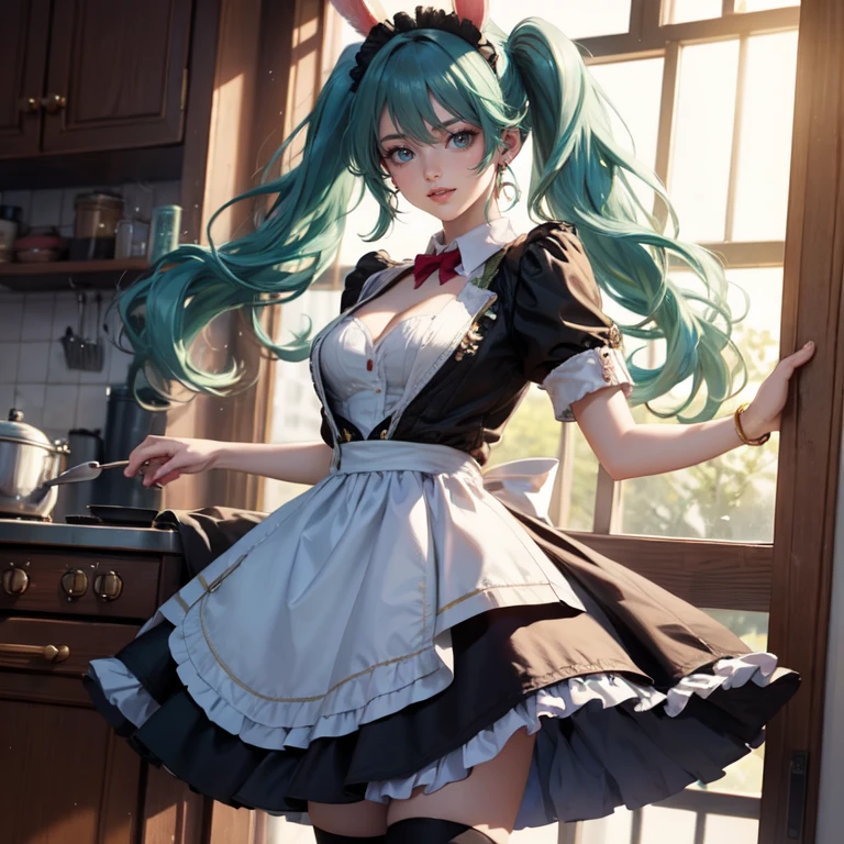 1girl, centered girl, perfectly body, perfectly hands, solo, jewelry, white roses, rabbit ears on her hair, ornament hair, twintails, rabbit jewel on her hair, aqua hair, long hair, long flowing hair, floating hair, ornament hair, perfectly body, perfectly hands, rose on hair, white rose on hair, Looking at the viewer, on the kitchen, stand up close to window, cakes, flowing hair, Beautiful Eyes, Plump and glossy lips, maid, black dress with too many frills, black maid dress, aqua laces, maid black Short skirt, maid small skirt, black skirt with layers, Drape clothes, aqua gem, Lace trim, luxury gold details, gold jewelry, more details, best quality, Big sparkling eyes, blushing, black Striped Lace Stockings, black Lolita skirt, sparkle, solo, centered girl, cowboy shot, perfectly body, perfectly hands, two arms, two legs, two hands, five fingers, cake, perfect anatomy, glowing hair, magenta roses, on the kitchen, sparkles, more details on her clothes, maid black dress with transparency, ornament hair, perfectly body, perfectly hands, wave hair, light green hair, long hair, maid, maid dress, maid headdress, maid apron, garden through the window, bakery, kitchen scenery, gold lantern, bakery utensils, holding a pastry brush, black dress, more details on her clothes, black dress, golden details, rabbit, smiling, ((4k, masterpiece, top-quality)),8k, best quality, high resolution, HD, (illustration:0.8), super cute girl, delicate and beautiful face, 1girl, solo, mature girl, super cute hairstyle, (beautiful detailed eyes:1.6), extremely detailed face, perfect lighting, extremely detailed CG, (perfect hands, perfect anatomy), Best quality, cleavage, short skirt, full Body, cleavage