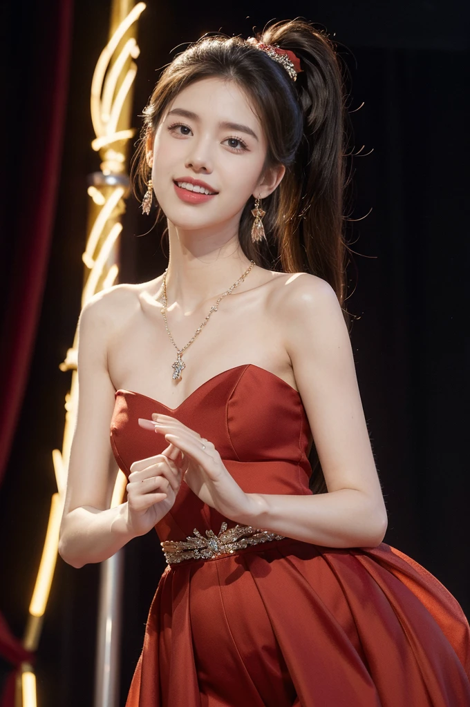 (((best quality))),(((ultra detailed))),(((masterpiece))),illustration, 1girl,singer,solo,short ponytail,open mouth,laughing,slim,thin,flat chest,small breasts,earrings,necklace,Maxi gorgeous sparkled red gown,slender legs,on the stage, performance, passion, confidence, elegance, lighting effects, decorations, audience, melodious voice, beautiful appearance, captivating performance,standing,upper body,from front