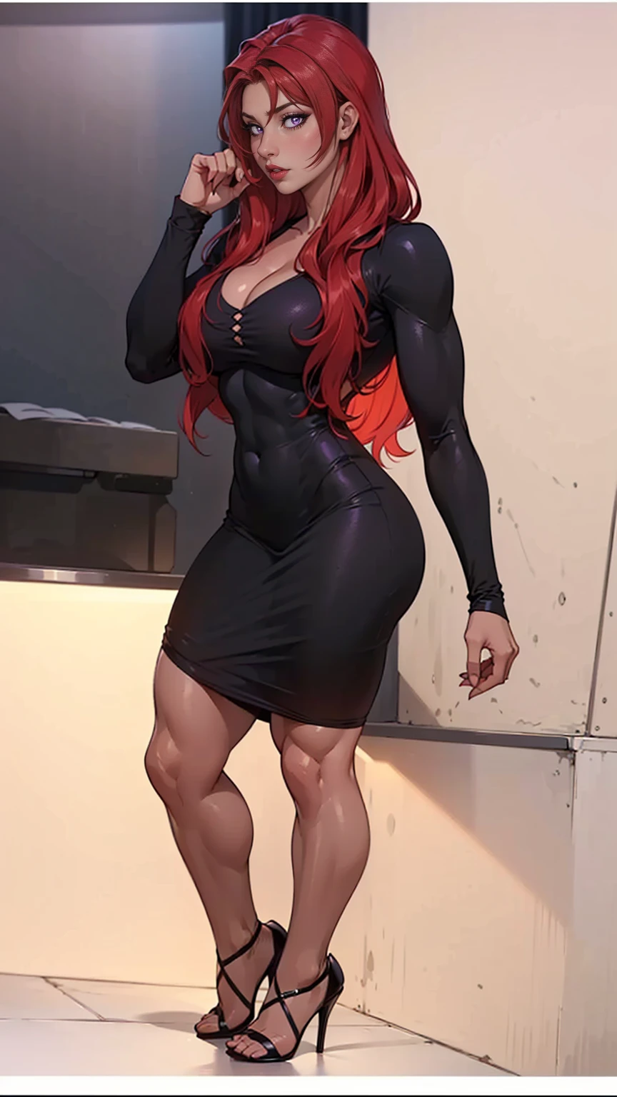 ((solo, 1woman, (TakashiroHiroko, dark purple eyes, red hair, long hair), lipstick, Extremely detailed, ambient soft lighting, 4k, perfect eyes, a perfect face, perfect lighting, a 1girl)), ((solo, (1woman, lipstick), Extremely detailed, ambient soft lighting, 4k, perfect eyes, a perfect face, perfect lighting, a 1girl)), , ((fitness,, shapely body, athletic body, toned body)), ((black dress, high heels))