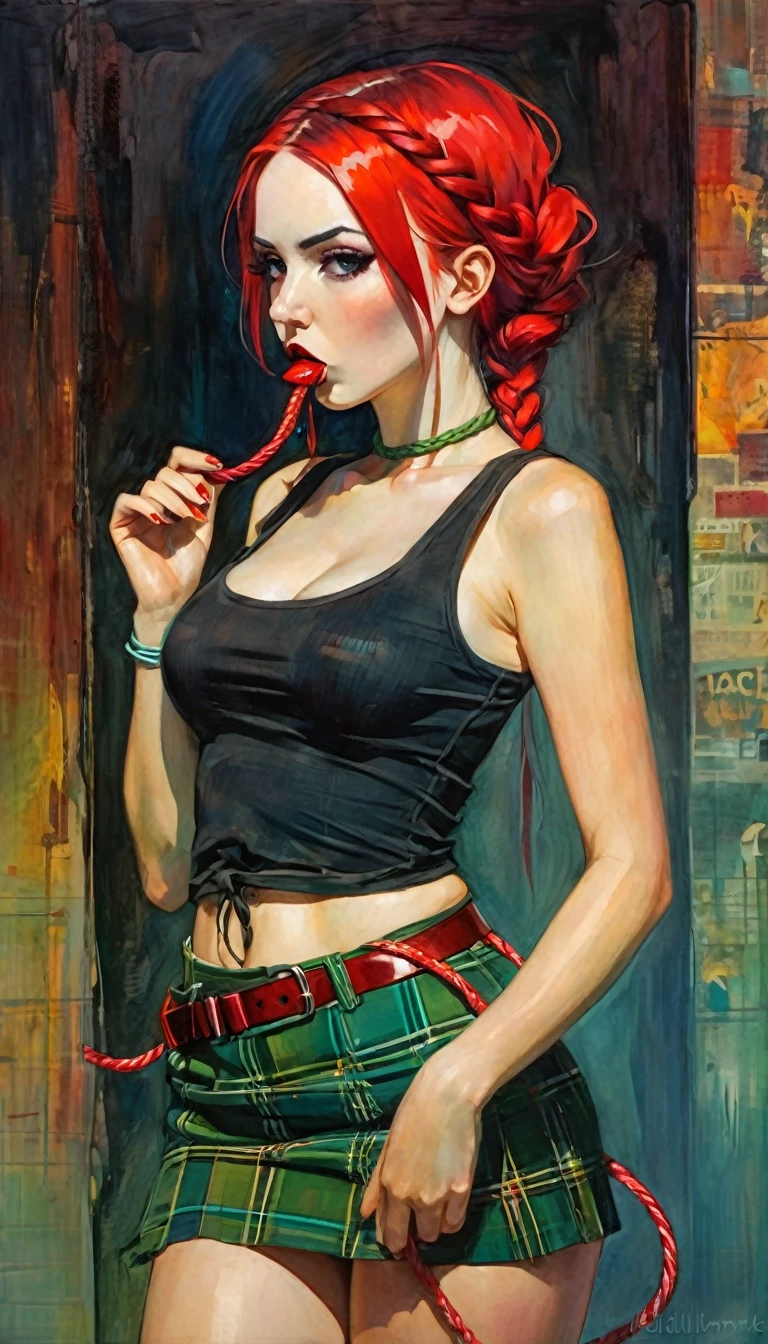 girl with green hair, long braided hair, plaid miniskirt, rope belt, tight tank top, pronounced nipples, sucks a red licorice in a very lascivious way and looks at us, (art inspired by Bill Sienkiewicz ). oil painting)