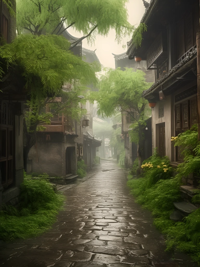 There is a wet street，There are stone paths and trees, Dreamy Chinatown, misty alleyways, misty alleyway, The ancient city streets behind her, quiet street, author：Han, old asian village, Nguyen Gia, China Village, green lanes, in a narrow chinese alley, green lane, beautiful matte painting, Quiet and peaceful atmosphere