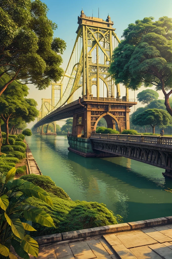 Kolkata, indian city , studio Ghibli style, ganga river , howrah bridge, Hooghly river, yellow taxi , tress, highly detailed, attention to detail, 4k