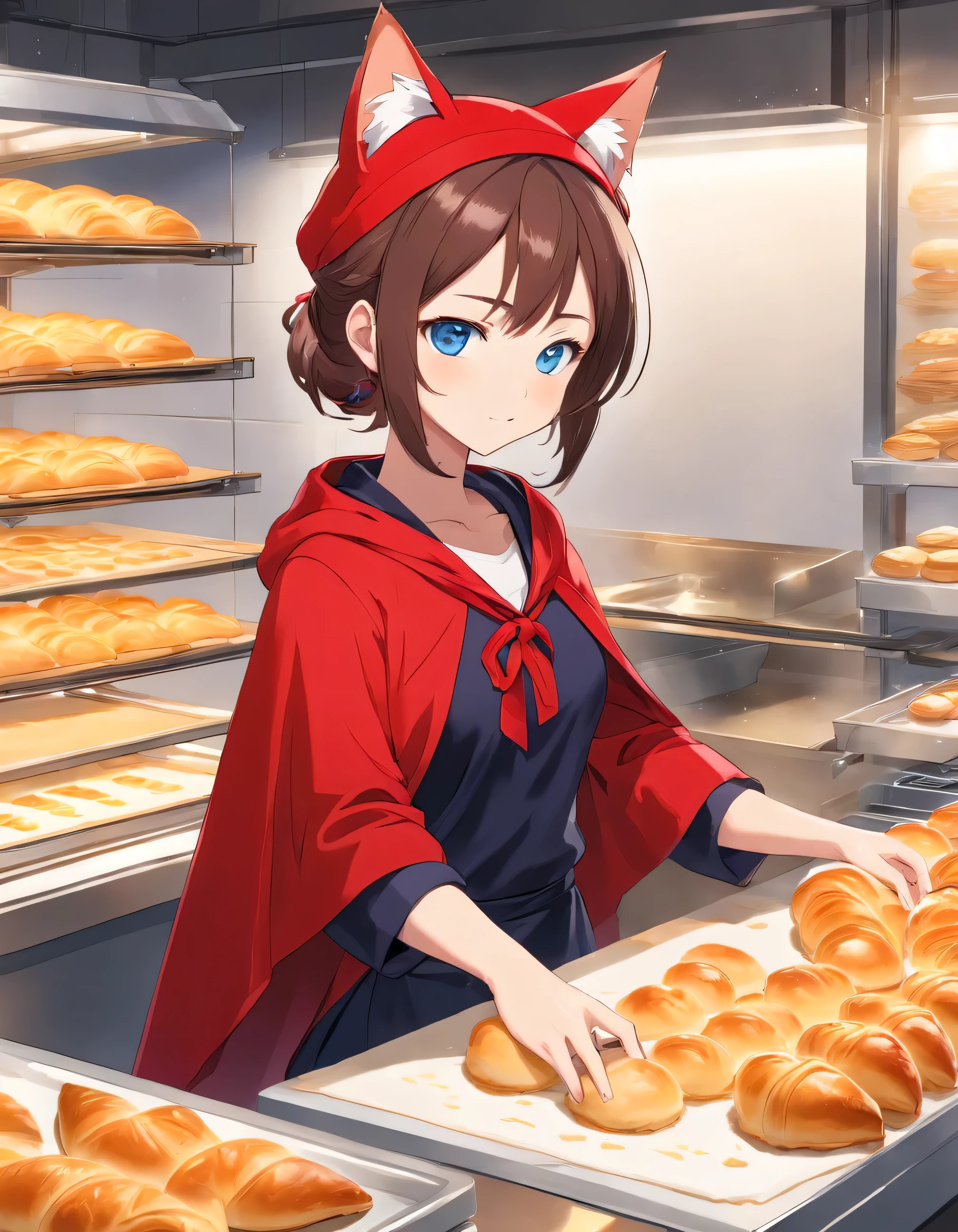 ((Cat's ears)),((Baseball hat)),((Wearing a red cloak)),Black underwear,Clear blue eyes,A talented baker who meticulously forms the best dough for flaky pastries. The image is、Shows a well-equipped bakery with stainless steel countertops and a set of baking tools. Baker, Young man with radiant smile々Shishi Woman, Roll out the dough with a wooden rolling pin, Show off her expertise. The aroma of baked goods fills the air. In the background、Trays of golden croissants and delicately woven Danish pastries are chilled on racks. This photo is、Encapsulates the precision and skills required for the art of pastry making. photographed:Claire Ptak,