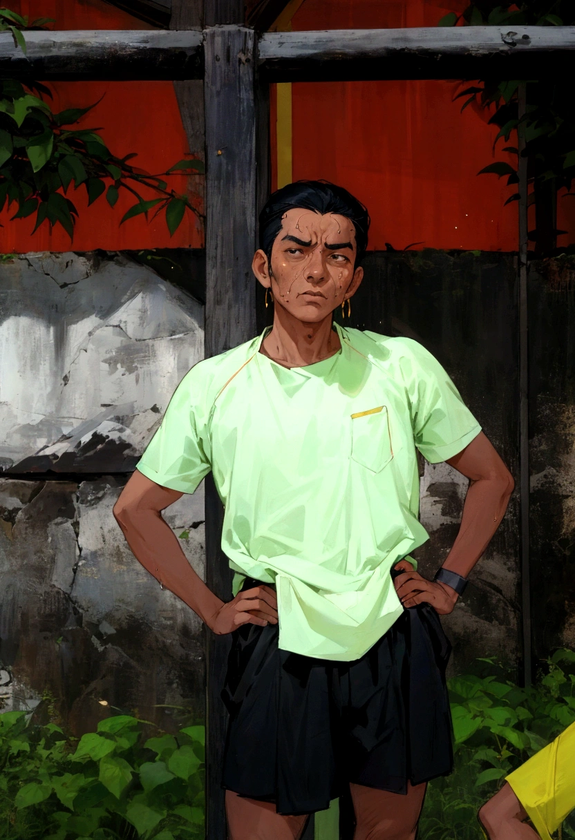 there is a man standing in front of a fence with his hands on his hips, ramil sunga, nivanh chanthara, mohamed chahin, mid shot portrait, johnatan wayshak, sweating, potrait, kakar cheung, protrait, profile shot, south east asian with round face, portait image, sweat