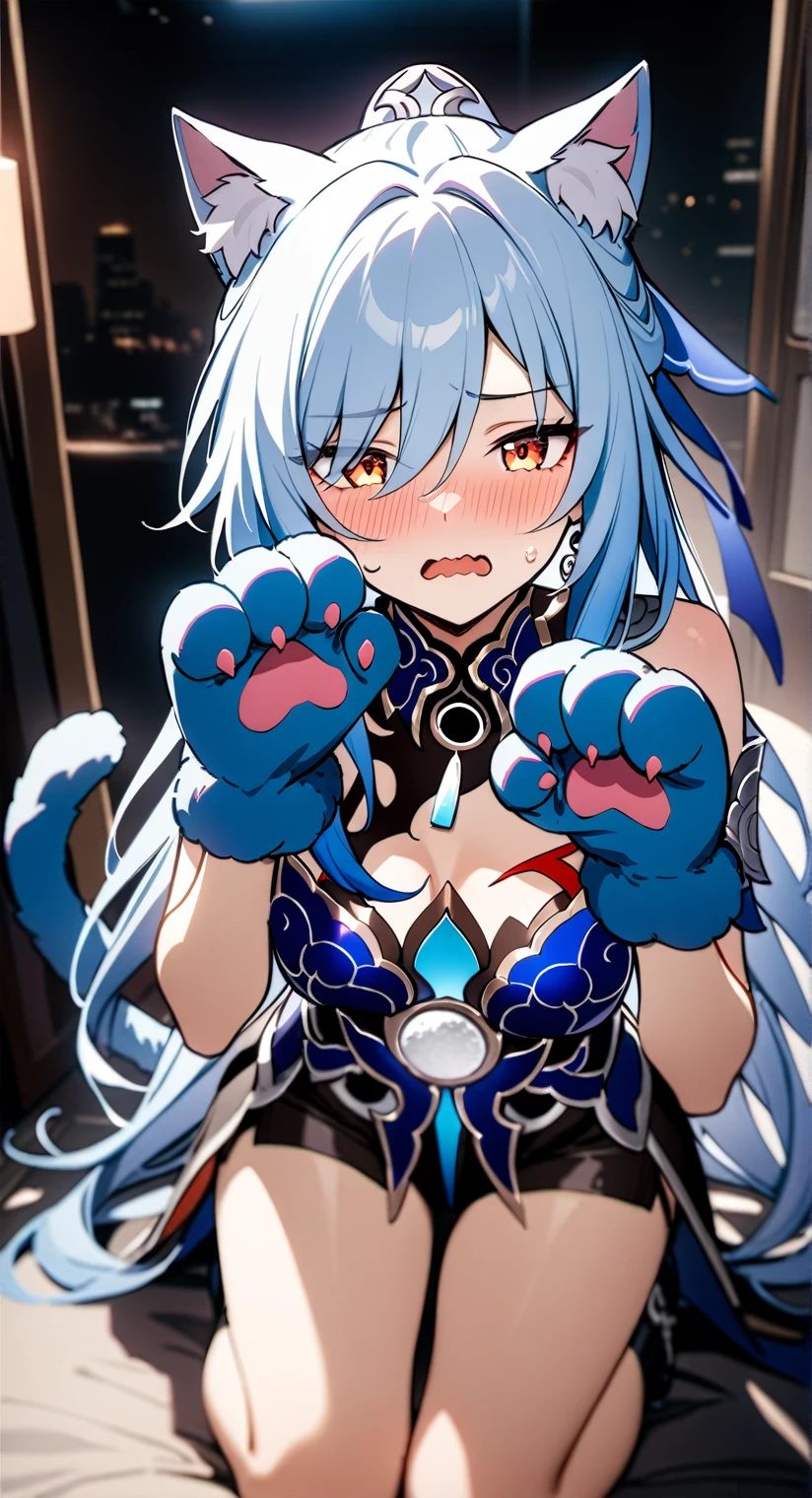 cinematic lighting, best quality, masterpiece, highres, detailed, perfect anatomy,jingliu \(honkai: star rail\), cat ears, cat tail, paw gloves, paw pose, indoor, blushing, open mouth, wavy mouth