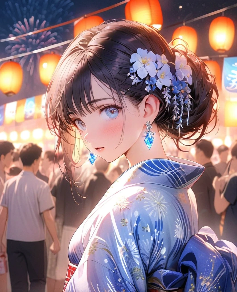 8K,gal,an extremely delicate and beautiful,Beautiful and realistic skin,Shiny jewel-like earrings,glowing tattoo,Long colerful hair,blue eyes,whole body,Sparkly yukata,Summer festival,night,Beautiful fireworks