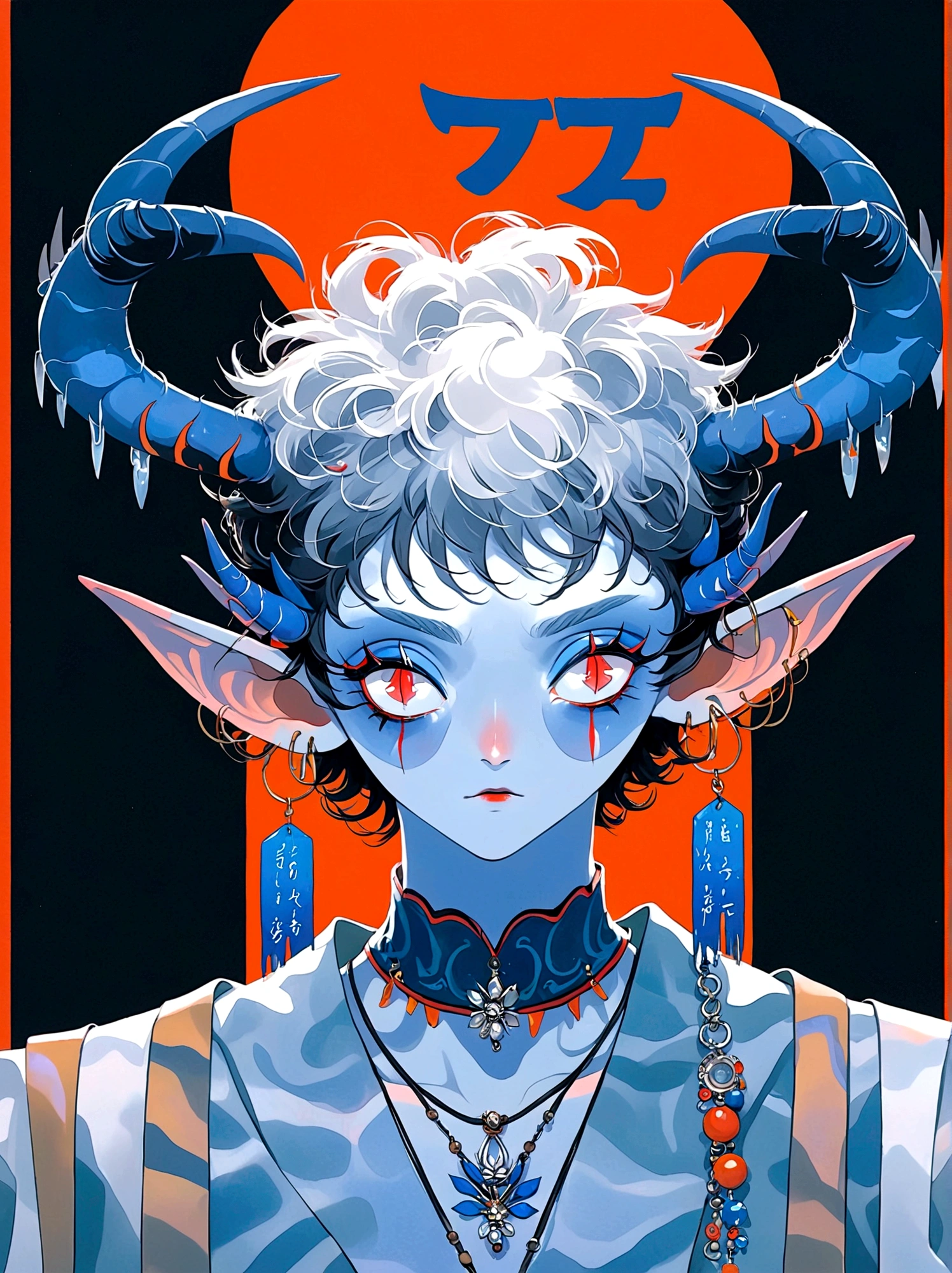 blue and orange,Elf Boy,With horns,earrings,Orange Eyes,Japanese horror style