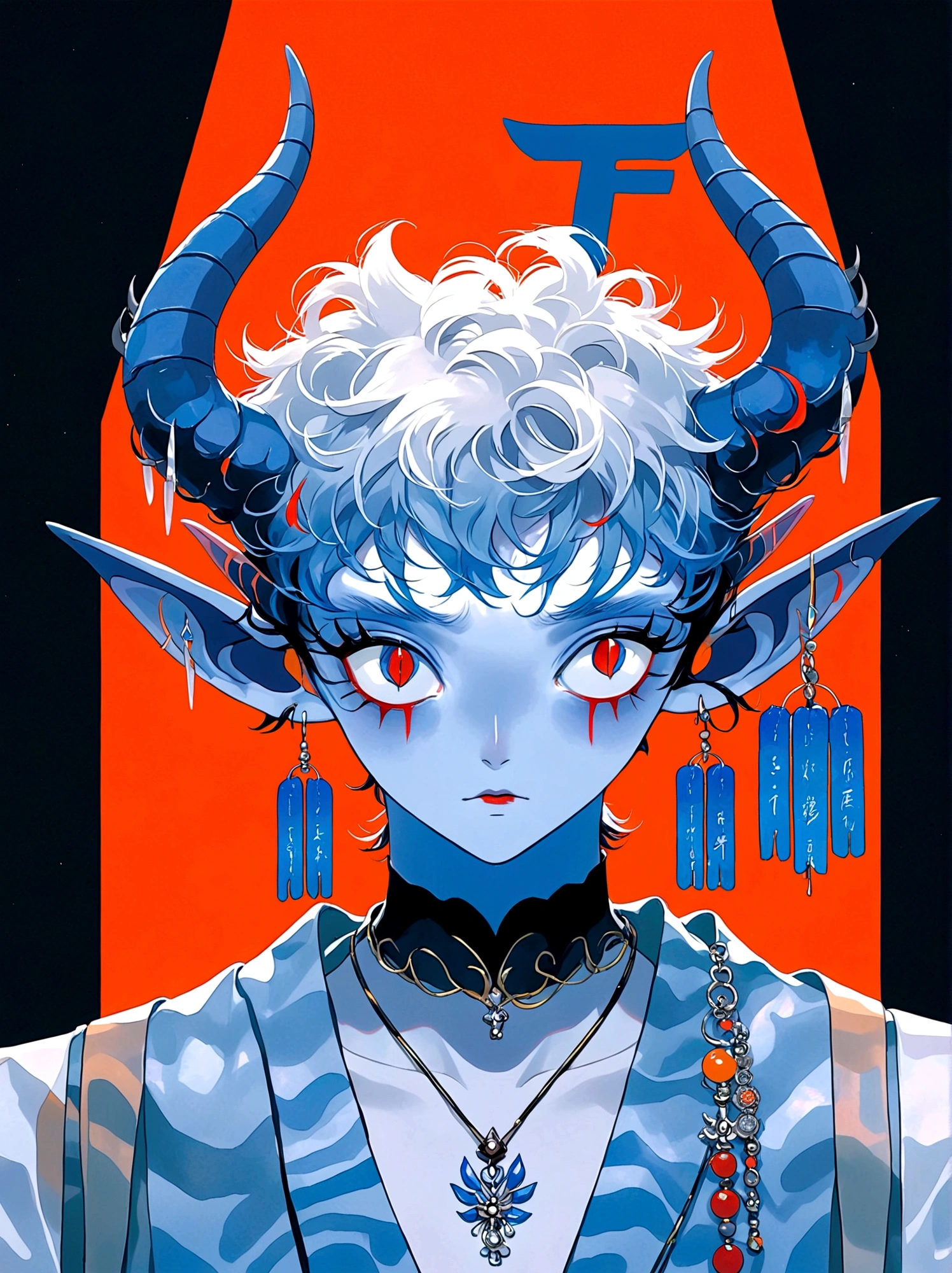 blue and orange,Elf Boy,With horns,earrings,Orange Eyes,Japanese horror style