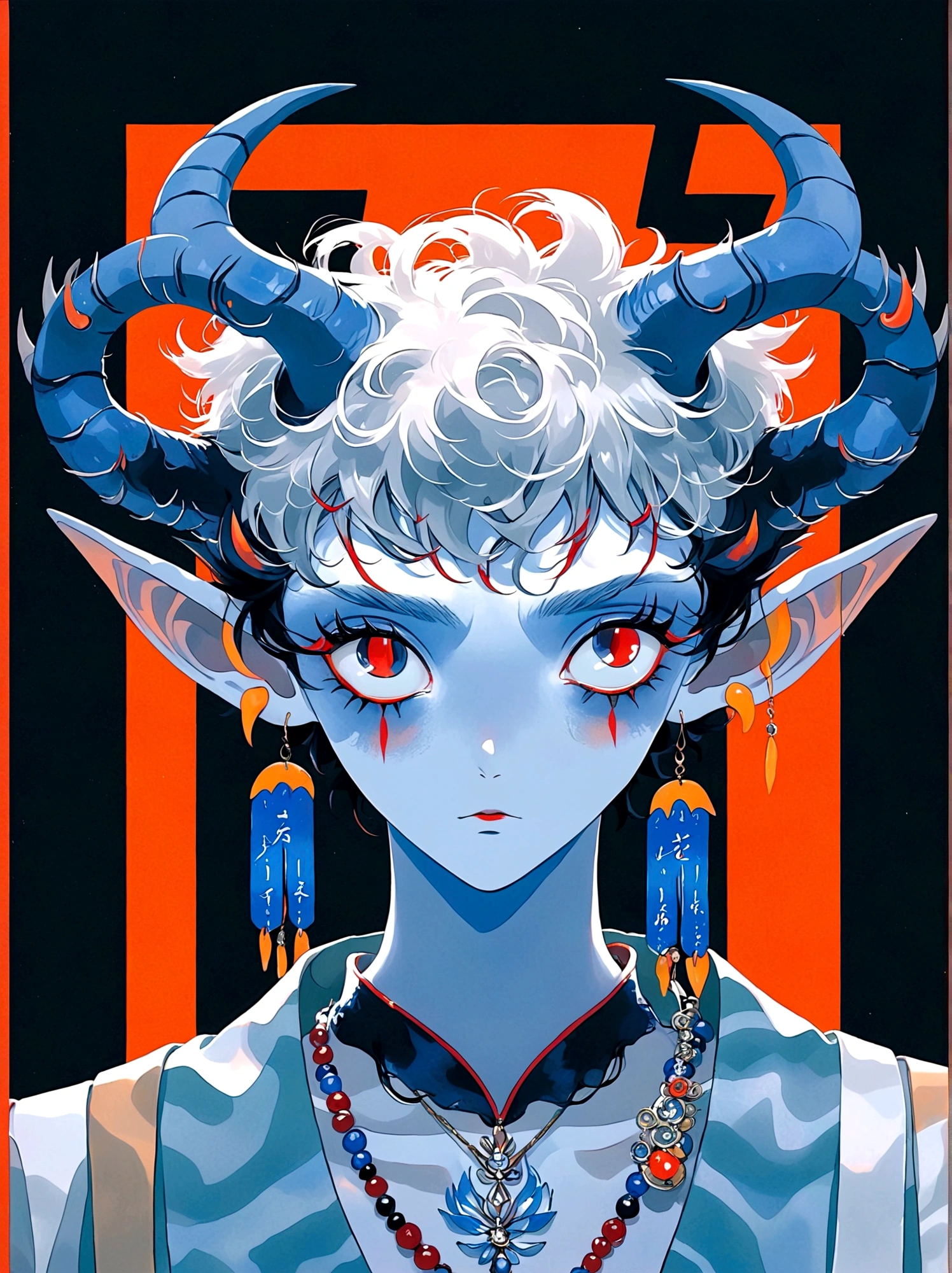 blue and orange，Elf Boy，With horns，earrings，Orange Eyes，Japanese horror style