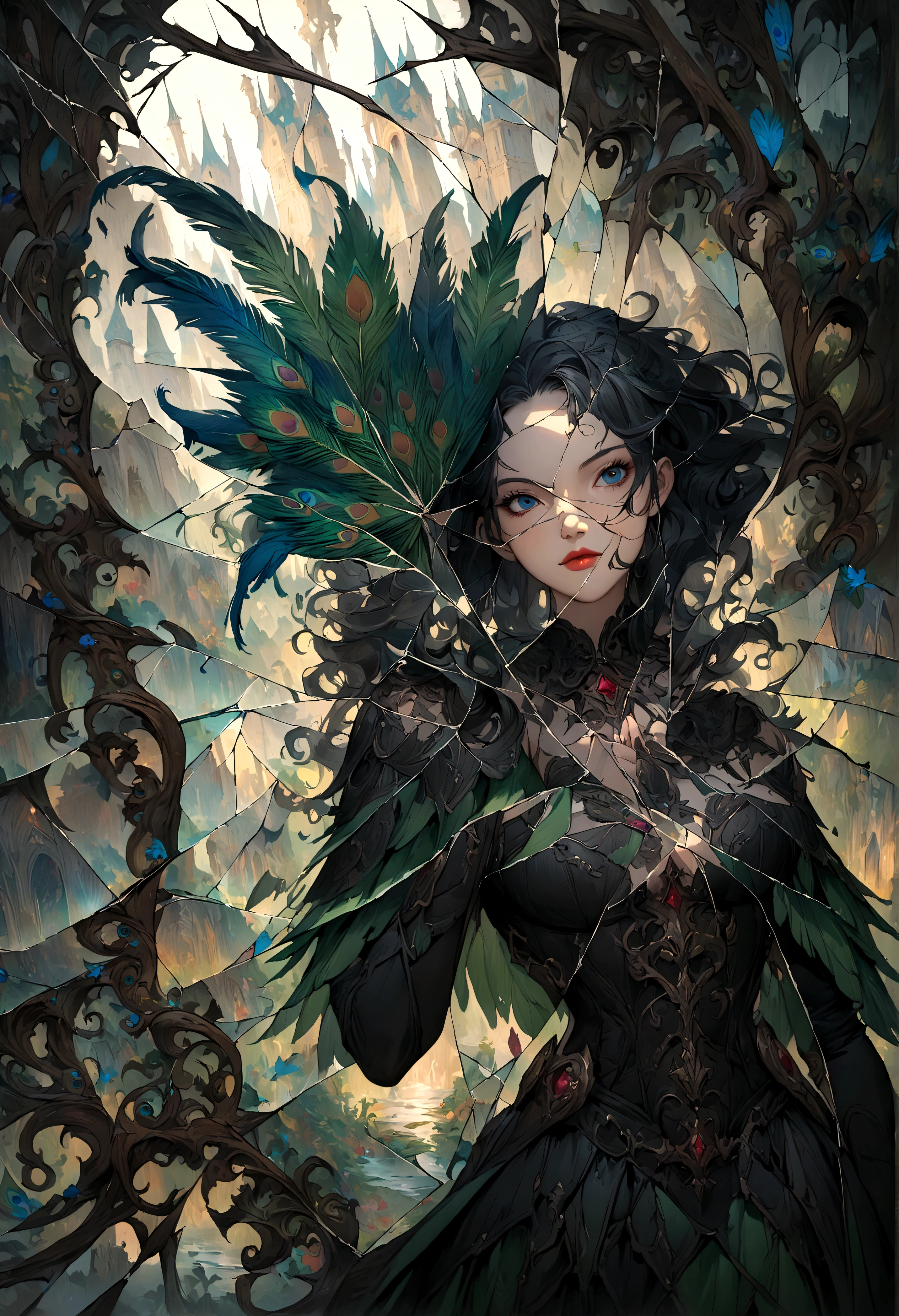 wonderland，Witch with mysterious powers，((beautiful))，Black hair，Dark Castle，Peacock feather，((Broken mirror，Fragments))，magic, Fantastic, Fantasy art concept, Intricate details, best quality, masterpiece, Extremely sharp, Surrealism