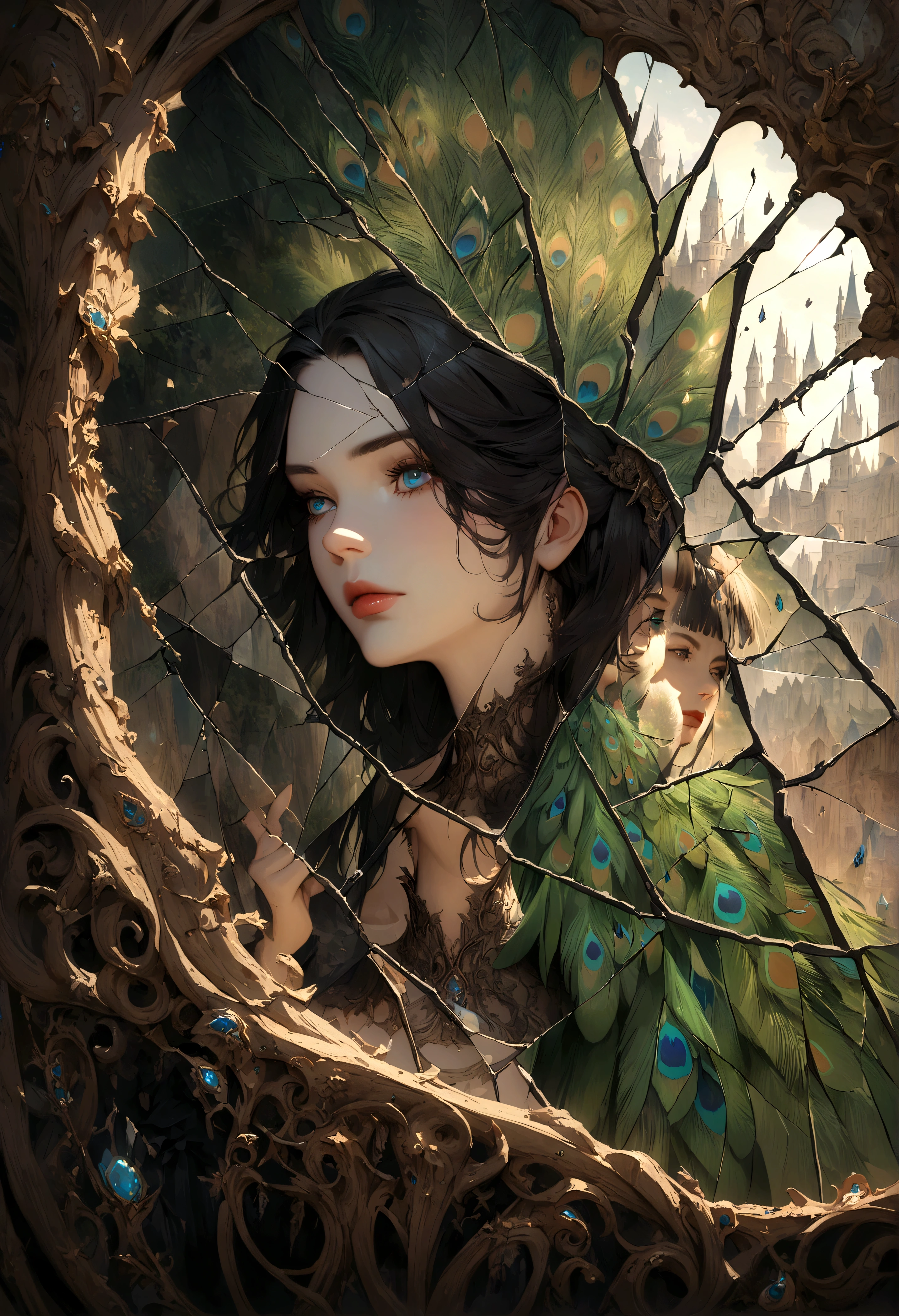 wonderland，Witch with mysterious powers，((beautiful))，Black hair，Dark Castle，Peacock feather，((Broken mirror，Fragments))，magic, Fantastic, Fantasy art concept, Intricate details, best quality, masterpiece, Extremely sharp, Surrealism