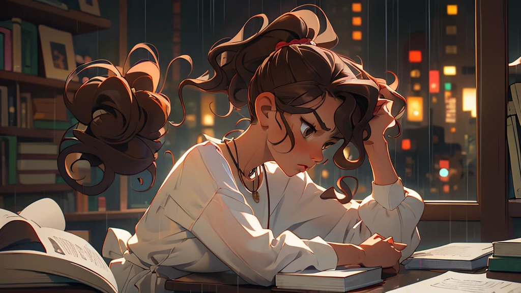 (masterpiece, best quality), one woman, curly hair, side view, blur, upper body, necklace, desk, book, ponytail, , brown hair, rainy window, zoom out, anger seen from afar