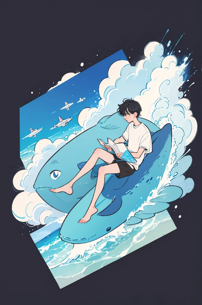 A boy sitting on the beach，Holding a notebook in hand，A cartoon of a whale next to it, Space Background，2d illustration,  Clean and concise illustrations, simple cartoon style, Animation illustration style, john egbert, 2D digital illustration, Simple illustration