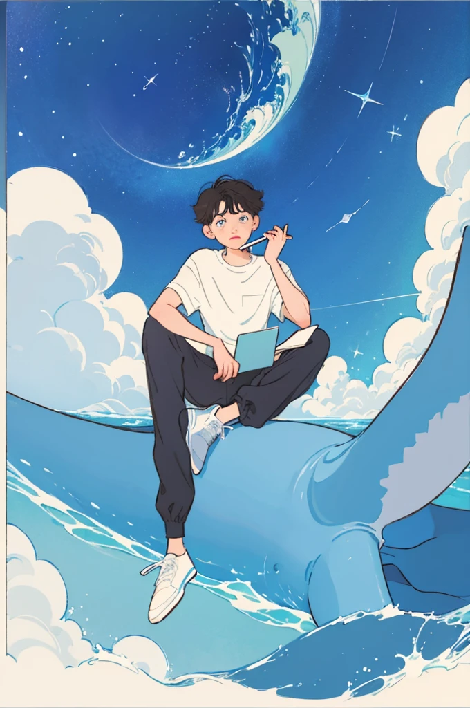 A boy sitting on the beach,Holding a notebook in hand,A cartoon of a whale next to it, Space Background,2d illustration, Clean and concise illustrations, simple cartoon style, Animation illustration style, john egbert, 2D digital illustration, Simple illustration