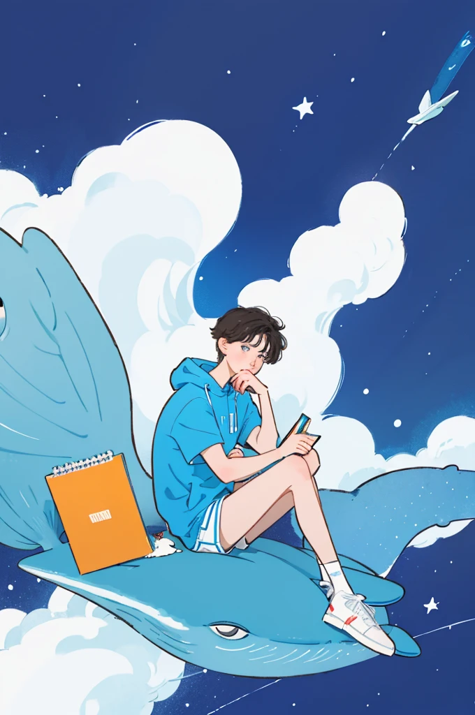 A boy sitting on the beach，Holding a notebook in hand，A cartoon of a whale next to it, Space Background，2d illustration,  Clean and concise illustrations, simple cartoon style, Animation illustration style, john egbert, 2D digital illustration, Simple illustration
