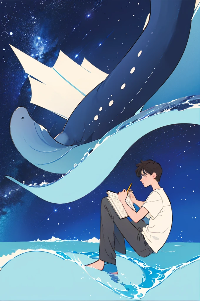 A boy sitting on the beach,Holding a notebook in hand,A cartoon of a whale next to it, Space Background,2d illustration, Clean and concise illustrations, simple cartoon style, Animation illustration style, john egbert, 2D digital illustration, Simple illustration