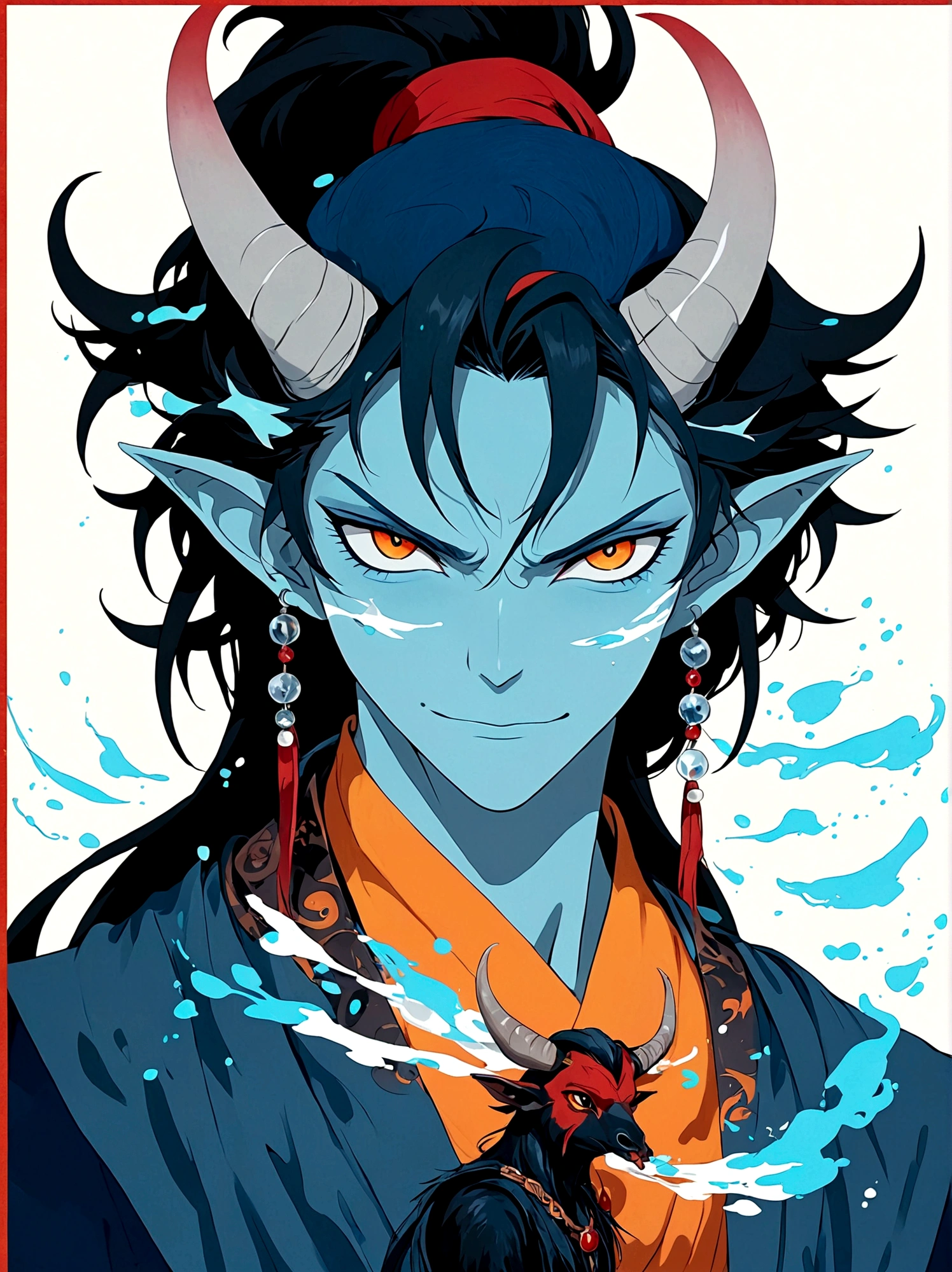 Blue Elf Boy，Orange eyes，High Ponytail，With horns