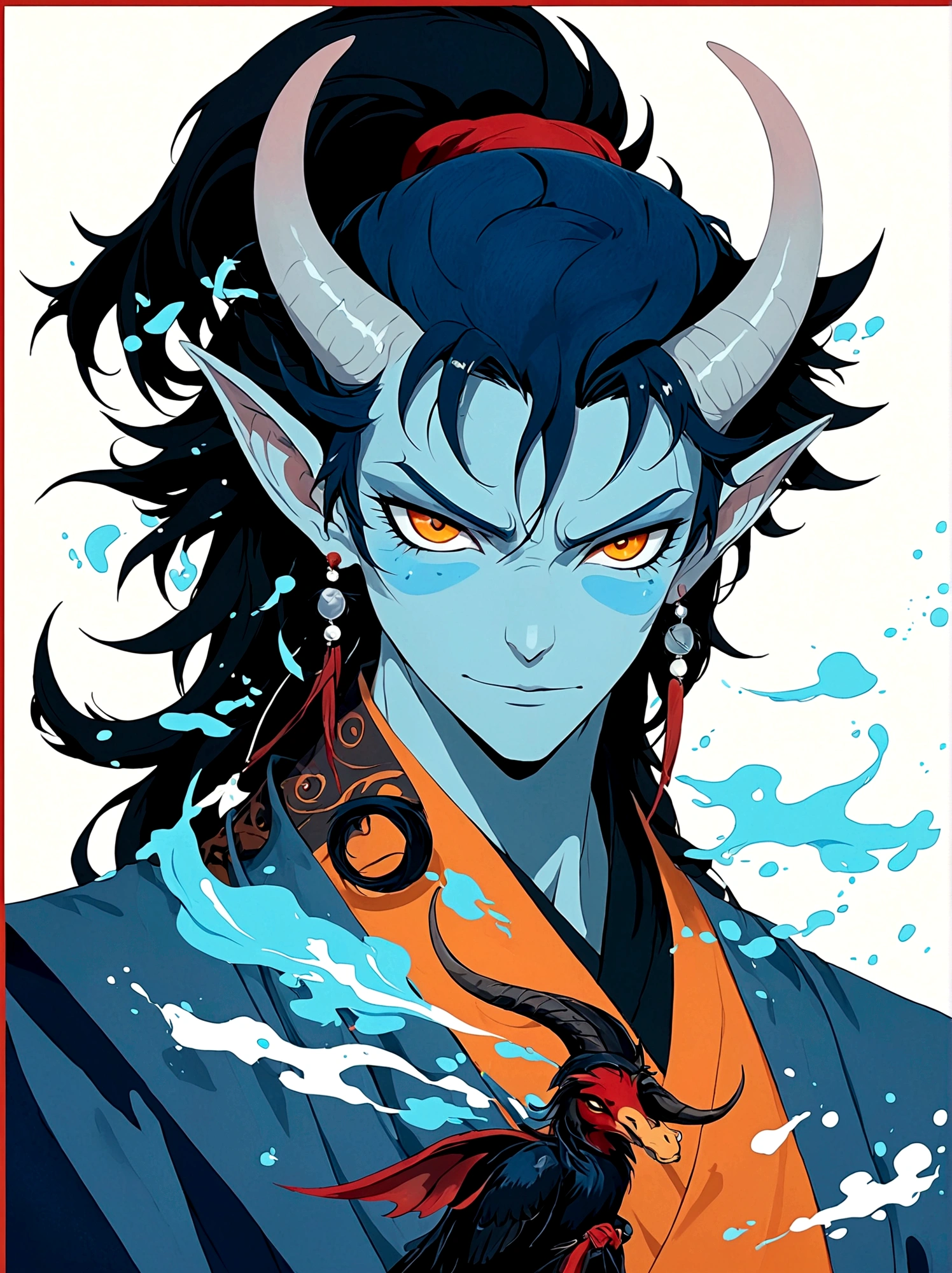 Blue Elf Boy，Orange eyes，High Ponytail，With horns