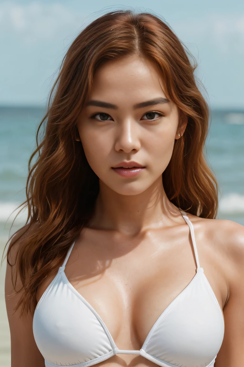 photo of a 25 years old, (chinese girl), ((european girl)), RAW, beautiful woman,((((high prominent cheekbones)))), (((thin pointy nose))), ((thin eyebrows)), ((((long wavy redhead hair)))), (((supermodel face))), (dark brown eyes), (( perfect anatomy)), (((busty))), ((detailed face:1.2)), ((detailed facial features)), (finely detailed skin), (((white swimsuit))), . (vivid colors), damp, moist, reflections, (masterpiece) (perfect proportion)(realistic photo)(best quality) (detailed) photographed on a Canon EOS R5, 50mm lens, F/2.8, HDR, (8k) (wallpaper) (cinematic lighting) (dramatic lighting) (sharp focus) (intricate) fashion, realistic skin texture, POV, Nikon d850, film stock photograph,4 Kodak Portra 400, camera f1.6 lens, rich colors, ultra-realistic, hyper-realistic, ultra-detailed, hyper-detailed, ((perfect face, perfect body), RAW photography, realistic skin texture, beach, (((standing))) ,((matte skin))