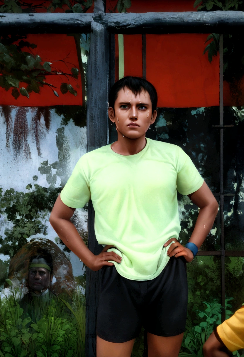 there is a man standing in front of a fence with his hands on his hips, ramil sunga, nivanh chanthara, mohamed chahin, mid shot portrait, johnatan wayshak, sweating, potrait, kakar cheung, protrait, profile shot, south east asian with round face, portait image, sweat