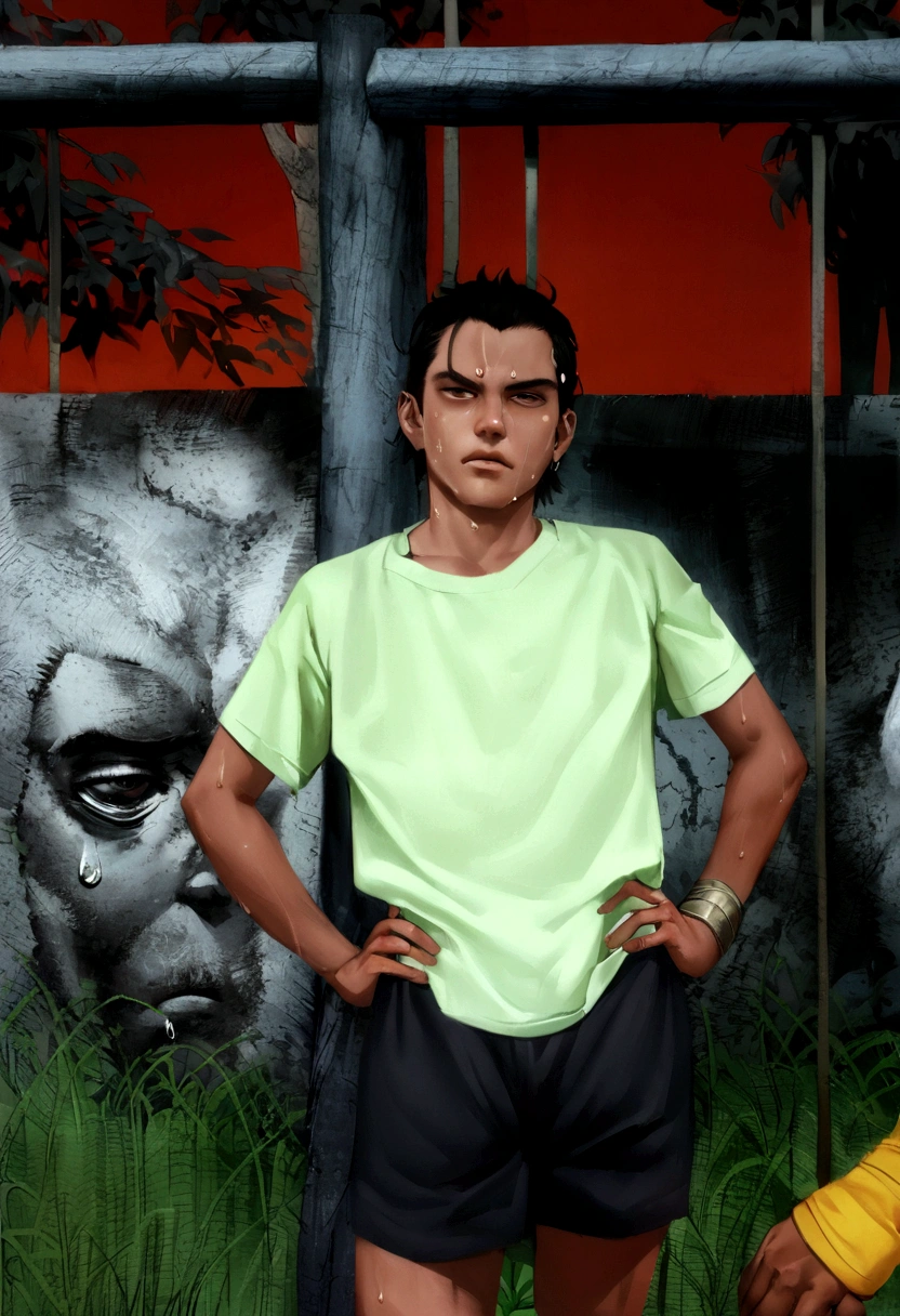 there is a man standing in front of a fence with his hands on his hips, ramil sunga, nivanh chanthara, mohamed chahin, mid shot portrait, johnatan wayshak, sweating, potrait, kakar cheung, protrait, profile shot, south east asian with round face, portait image, sweat