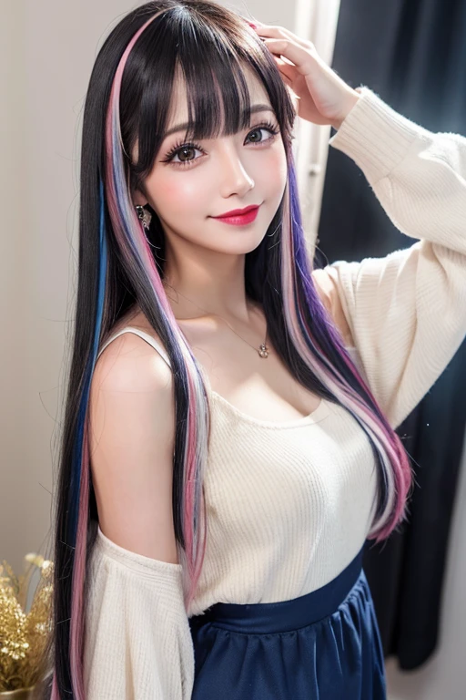 (((A real beauty))), RAW Photos, Black Hair、folder、Round eyes、False eyelashes、Straight Hair, correct、Pink lipstick、Striped Hair、Brown Hair、Blue Hair、(Gradient Hair)、Asymmetrical Hair、Hair behind the ear、Crossed bangs、Long Hair、((お尻までLong Hair))、Long Hair、Straight bangs、Smooth, silky hair、Hair up on one side、とんでもなくLong Hair、Light brown eyes、Ring Eye、Round eyes、Wicked Smile、A light smile、Cast a Shadow、(Extraordinary presence)、Atmospheric perspective、Backlight、Exposure、Lens flare、、最high quality、超High resolution、超High resolution、Very realistic, masterpiece、correct、Textured skin、high quality、最high quality、Awards、32k, 髪のfolder、Cunning、A light smile、Shy laugh、Redness in the ears、correct、Subjective、Shine、360° View、Very detailed、超High resolution、解剖学的にcorrect、masterpiece、Emphasize the chest、High resolution、High detail、Long eyelashes、A slight blush、Compensate, (((Full Body Shot)))、（Shot from above）、Arms raised pose、Shooting from a distance、Various angles of view、