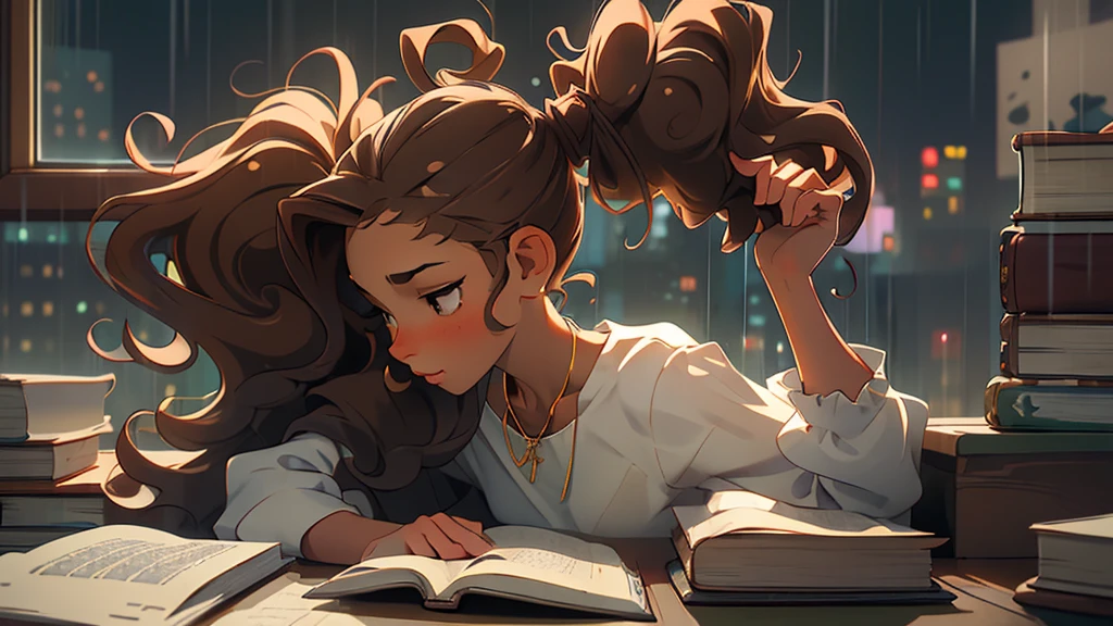 (masterpiece, best quality), one woman, curly hair, side view, blur, upper body, necklace, desk, book, ponytail, , brown hair, rainy window, person small
