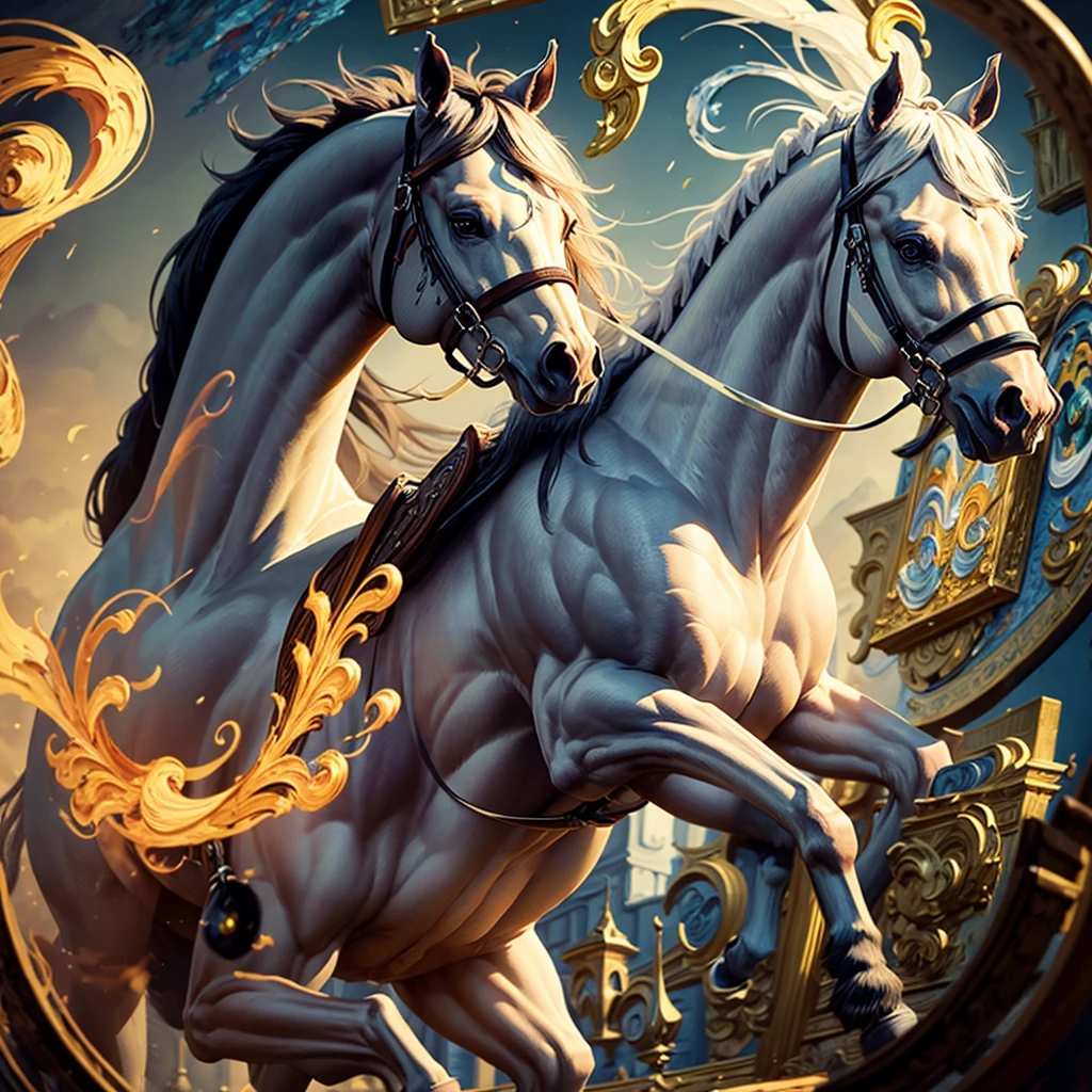 (solo horse), fantasy, horse, white, divine, night, (yellow smoke), glows, (masterpiece:2), (high detail), (high quality), (natural lighting)