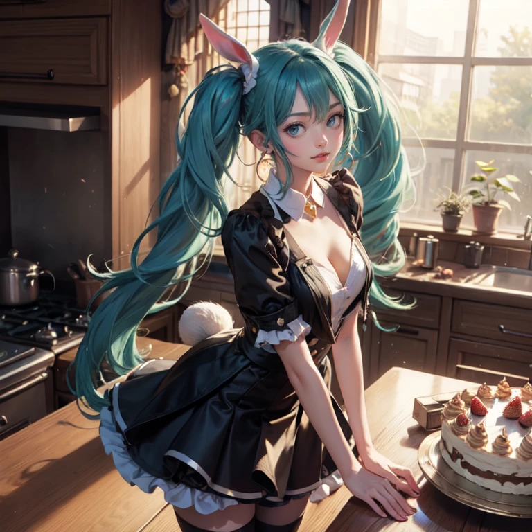 1girl, centered girl, perfectly body, perfectly hands, solo, jewelry, white roses, rabbit ears on her hair, ornament hair, twintails, rabbit jewel on her hair, aqua hair, long hair, long flowing hair, floating hair, ornament hair, perfectly body, perfectly hands, white rose on hair, white rose on hair, Looking at the viewer, on the kitchen, stand up close to window, cakes, flowing hair, strawberrys, Beautiful Eyes, Plump and glossy lips, maid, black dress with too many frills, black maid dress, aqua laces, maid black Short skirt, maid small skirt, black skirt with layers, Drape clothes, aqua gem, Lace trim, luxury gold details, gold jewelry, more details, best quality, Big sparkling eyes, blushing, black Striped Lace Stockings, black ta skirt, sparkle, solo, centered girl, cowboy shot, perfectly body, perfectly hands, two arms, two legs, two hands, five fingers, cake, perfect anatomy, glowing hair, white roses, on the kitchen, sparkles, more details on her clothes, maid black dress with transparency, ornament hair, perfectly body, perfectly hands, wave hair, light green hair, long hair, maid, maid dress, maid headdress, maid apron, garden through the window, bakery, kitchen scenery, gold lantern, bakery utensils, holding a pastry brush, black dress, more details on her clothes, black dress, golden details, rabbit, smiling, ((4k, masterpiece, top-quality)),8k, best quality, high resolution, HD, (illustration:0.8), super cute girl, delicate and beautiful face, 1girl, solo, mature girl, super cute hairstyle, (beautiful detailed eyes:1.6), extremely detailed face, perfect lighting, extremely detailed CG, (perfect hands, perfect anatomy), Best quality, cleavage, short skirt, full Body, cleavage
