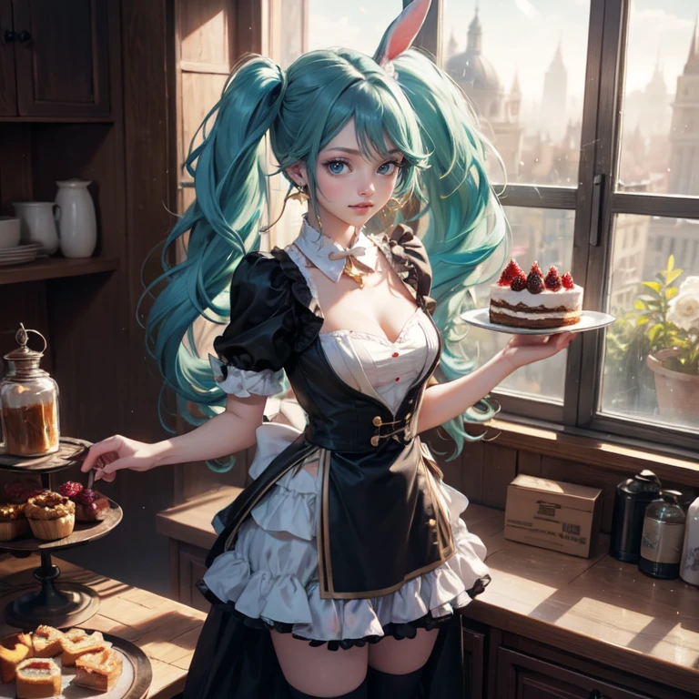 1girl, centered girl, perfectly body, perfectly hands, solo, jewelry, white roses, rabbit ears on her hair, ornament hair, twintails, rabbit jewel on her hair, aqua hair, long hair, long flowing hair, floating hair, ornament hair, perfectly body, perfectly hands, white rose on hair, white rose on hair, Looking at the viewer, on the kitchen, stand up close to window, cakes, flowing hair, strawberrys, Beautiful Eyes, Plump and glossy lips, maid, black dress with too many frills, black maid dress, aqua laces, maid black Short skirt, maid small skirt, black skirt with layers, Drape clothes, aqua gem, Lace trim, luxury gold details, gold jewelry, more details, best quality, Big sparkling eyes, blushing, black Striped Lace Stockings, black Lolita skirt, sparkle, solo, centered girl, cowboy shot, perfectly body, perfectly hands, two arms, two legs, two hands, five fingers, cake, perfect anatomy, glowing hair, white roses, on the kitchen, sparkles, more details on her clothes, maid black dress with transparency, ornament hair, perfectly body, perfectly hands, wave hair, light green hair, long hair, maid, maid dress, maid headdress, maid apron, garden through the window, bakery, kitchen scenery, gold lantern, bakery utensils, holding a pastry brush, black dress, more details on her clothes, black dress, golden details, rabbit, smiling, ((4k, masterpiece, top-quality)),8k, best quality, high resolution, HD, (illustration:0.8), super cute girl, delicate and beautiful face, 1girl, solo, mature girl, super cute hairstyle, (beautiful detailed eyes:1.6), extremely detailed face, perfect lighting, extremely detailed CG, (perfect hands, perfect anatomy), Best quality, cleavage, short skirt, full Body, cleavage
