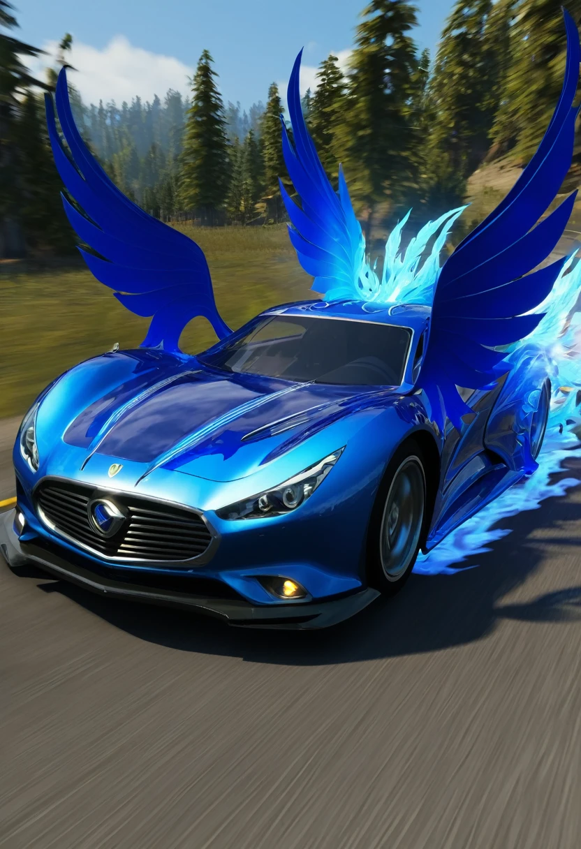 A car that runs in the game Wilderness Action、It reminds me of a blue phoenix.、When you accelerate, it comes with effects and functions such as wings and blue flames.、Think of a car that has a beautiful body.。Please generate only cars with cars as the main focus.。Not an ordinary car、Build a car you never imagined。