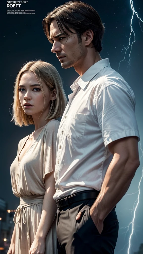 movie poster, butterfly, science fiction, movie, atmosphere, sky, male and female couple, blonde and long-haired woman, adult, (realism: 1.4), top quality, masterpiece, male, thin, (1 man, white loose shirt, black pants, viewer watch, brown hair, gray eyes, closed mouth, upper body), (idol face, Korean face, sharp eyeliner) (male), (face focus, potreit, Lightning in the movie, (light spring theme, short-haired man),((close-up of female face on background of man standing in foreground))