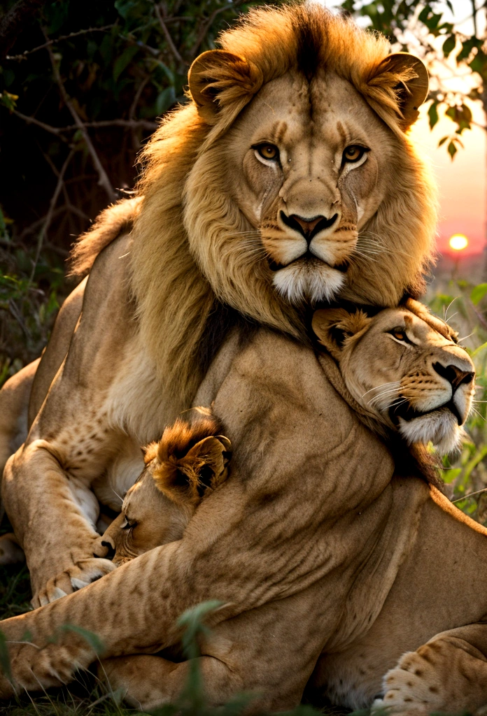 Lion tenderly hugs lioness, sunset in the jungle
