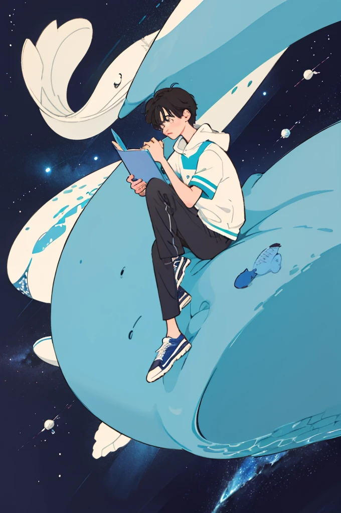 A boy sitting on a whale,Holding a notebook, Space Background,2d illustration, Clean and concise illustrations, simple cartoon style, Animation illustration style, john egbert, 2D digital illustration, Simple illustration