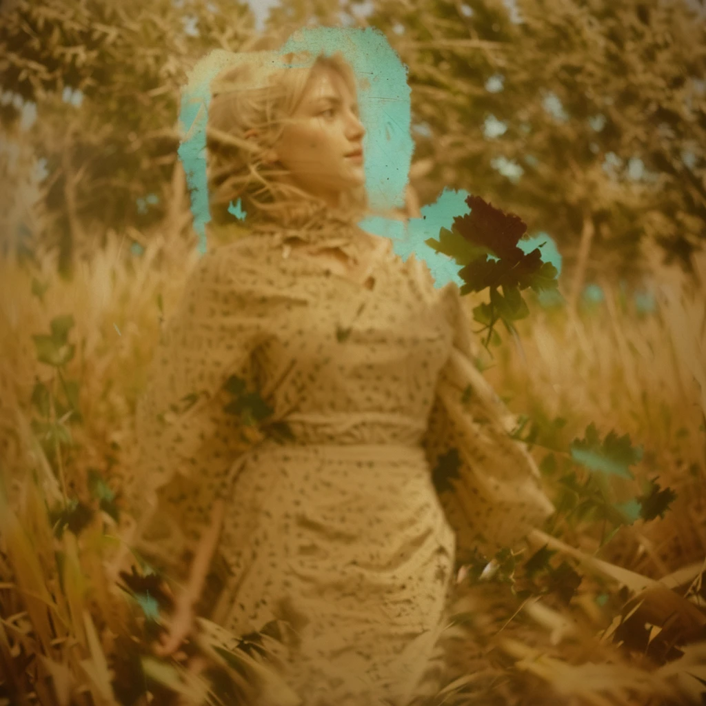 there is a woman in a dress standing in a field, damaged photo, grainy damaged photo, unknown location, archival pigment print, expired burned film from 1930s, photographed on damaged film, lost photo, photographic still, lost photograph, low quality photograph, collodion photograph, very old photo, old color photograph, unknown artist, very known photo