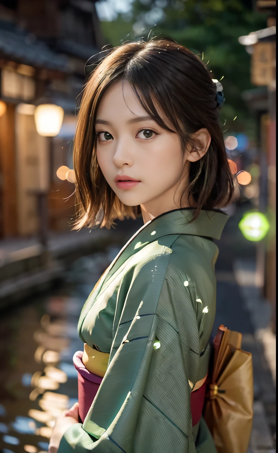 Cute 21 year old Japanese、Ultra-detailed face、An eye for detail、double eyelid、Beautiful thin nose、Sharp Focus:1.2、Beauty:1.4、(Light brown hair、short hair、Highest quality、illumination、Impressive、Ultra-high resolution、(Photorealistic:1.4)、Cute spring clothes、(Color Kimono:1.4),Red kimono、
BREAK
(River:1.3),(Outdoors:1.4),(midnight:1.4),(total darkness:1.5),(Very small green light:1.6),
(Numerous very small green lights floating in the sky:1.5),