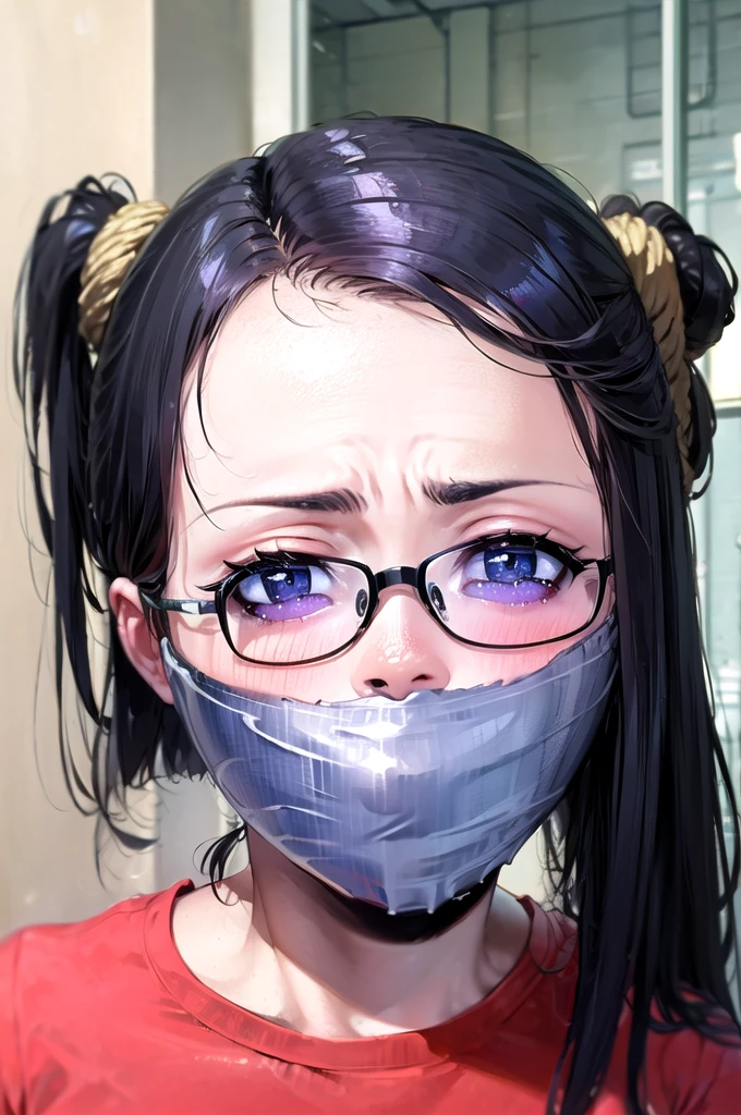 1 girl, short black hair, wearing glasses, improvised gag, tape gag, gagged, duct tape, tape bondage, bound arms, blush, rope tied up, ((((Super Illustration Style:1.0)))), highest quality, Best Anime, masterpiece, wrapgag, white shirt, gray skirt