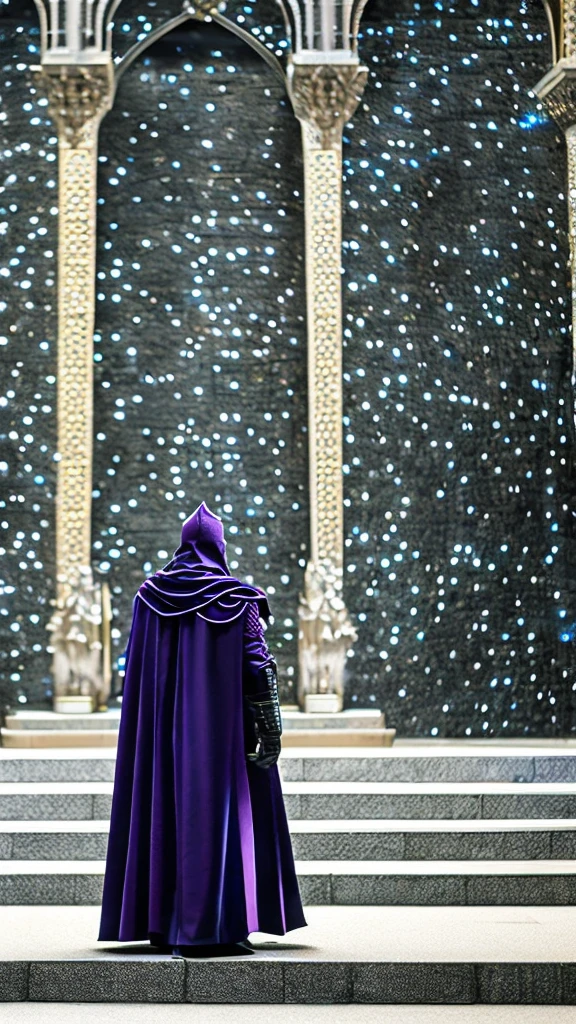 A dark knight, weapons in right hand, dim lights, black and purple armor, blue eyes, highly detailed, intricate design, cinematic lighting, dramatic atmosphere, photorealistic, 8k, masterpiece, full body, all body, full body, front view, sci-fi castle background