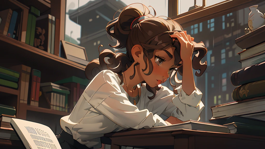 (masterpiece, best quality), one woman, curly hair, side view, blur, upper body, necklace, desk, book, ponytail, , brown hair, rainy window, wallpaper large